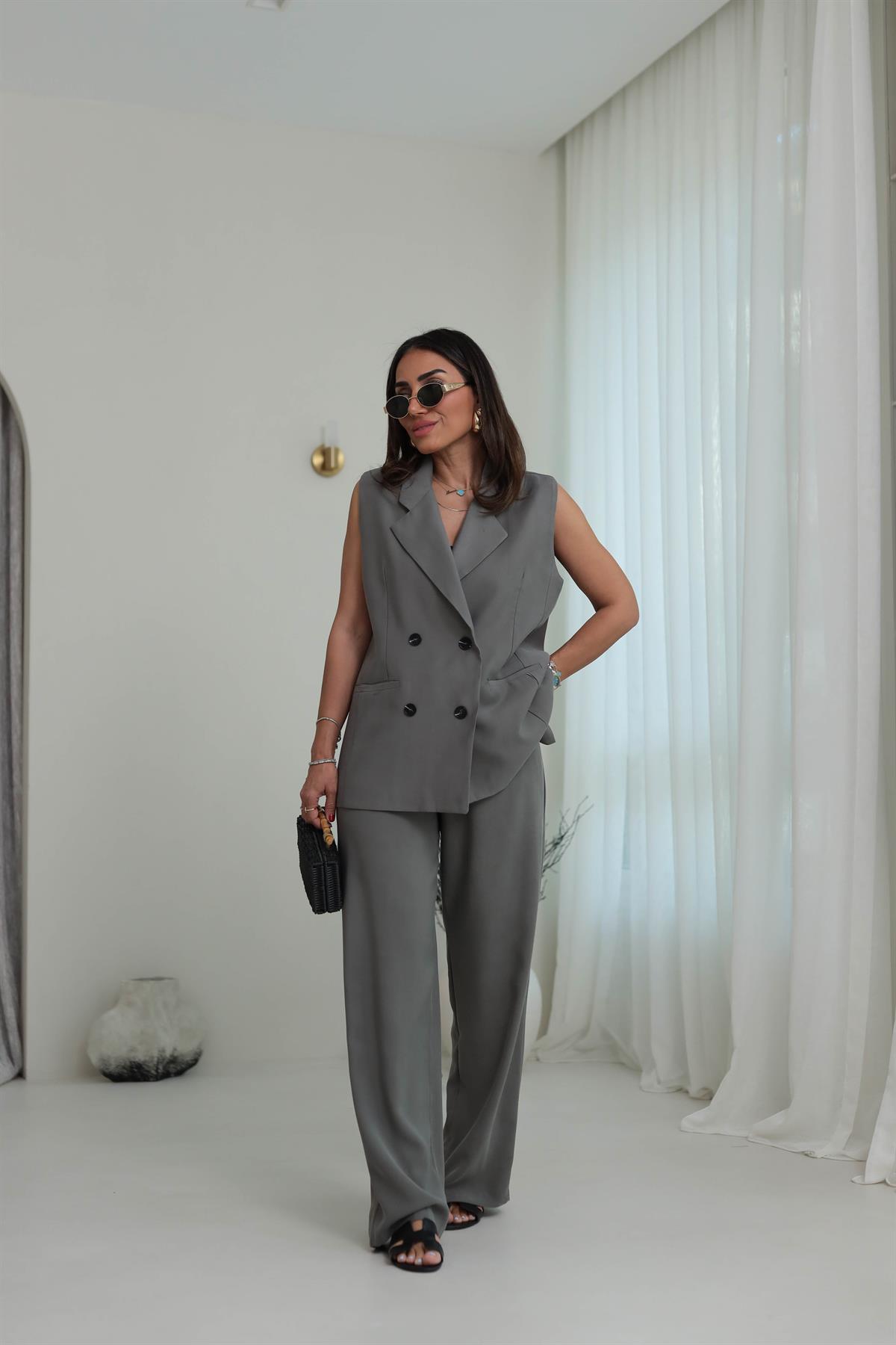0382 Kruvaze Yaka Yelek Pantolon Tencel Takım HAKİ YEŞİL
