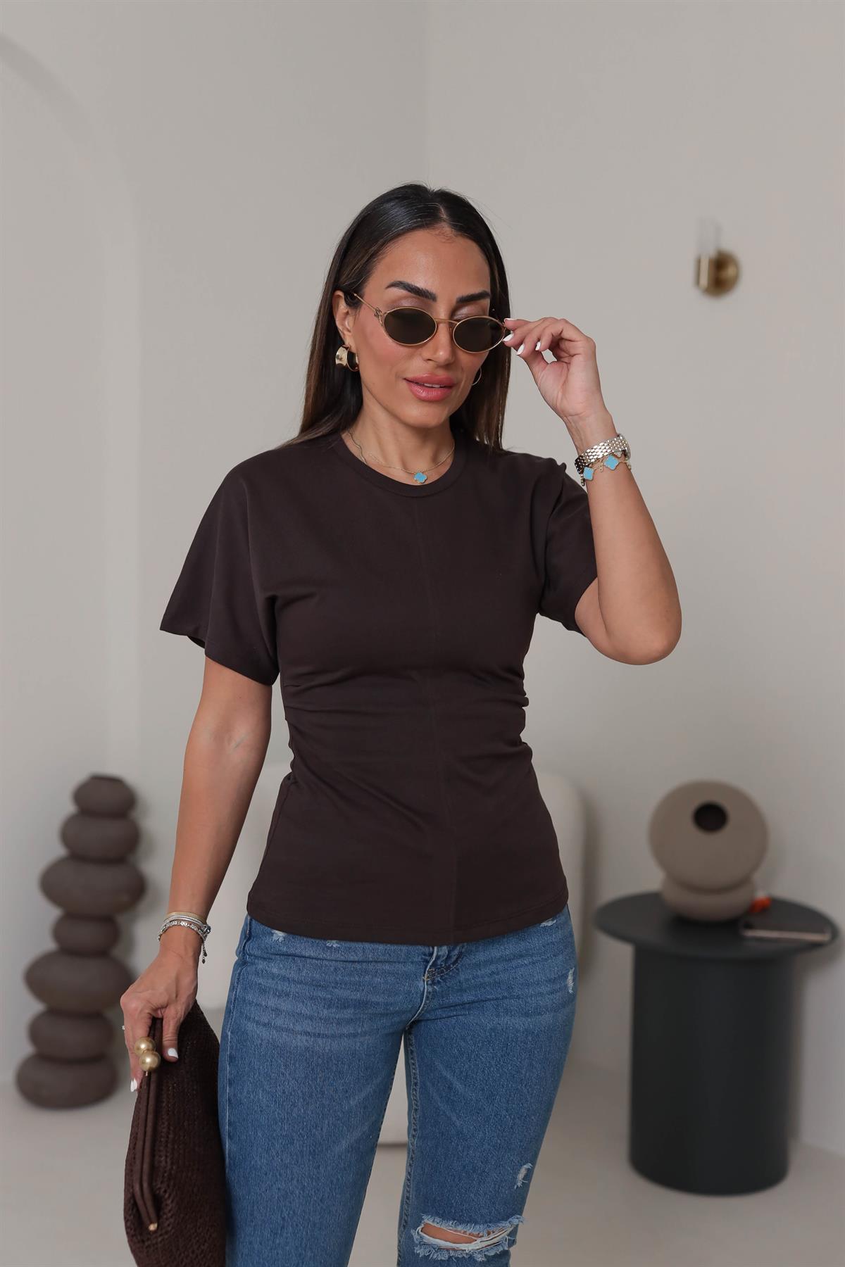 1585 Drape Detay Pamuklu Tshirt ACI KAHVE