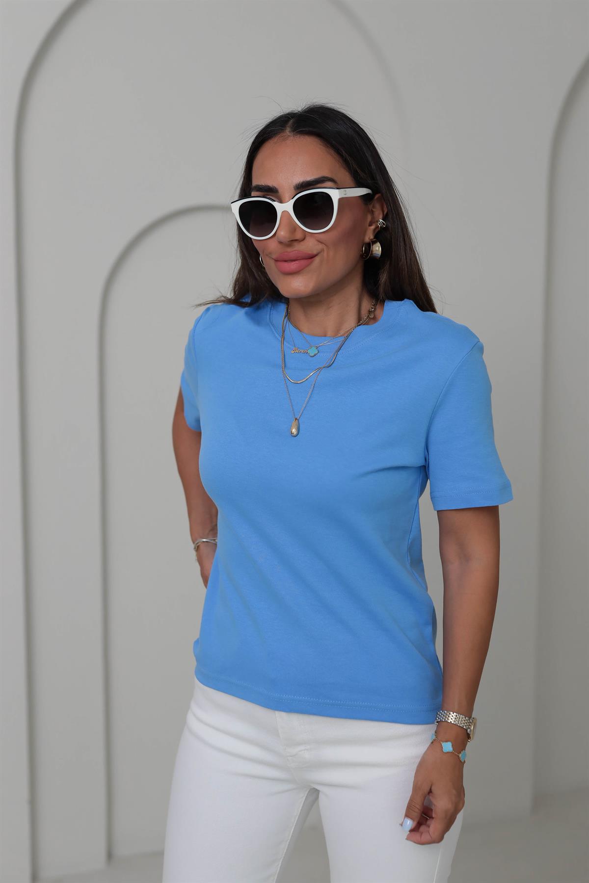 1075 Bisiklet Yaka Pamuklu Basic Tshirt MAVİ