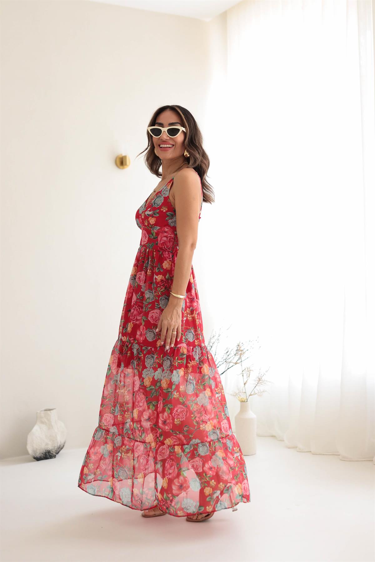 3523 İp Askılı Desenli Sırtı Gipeli Elbise