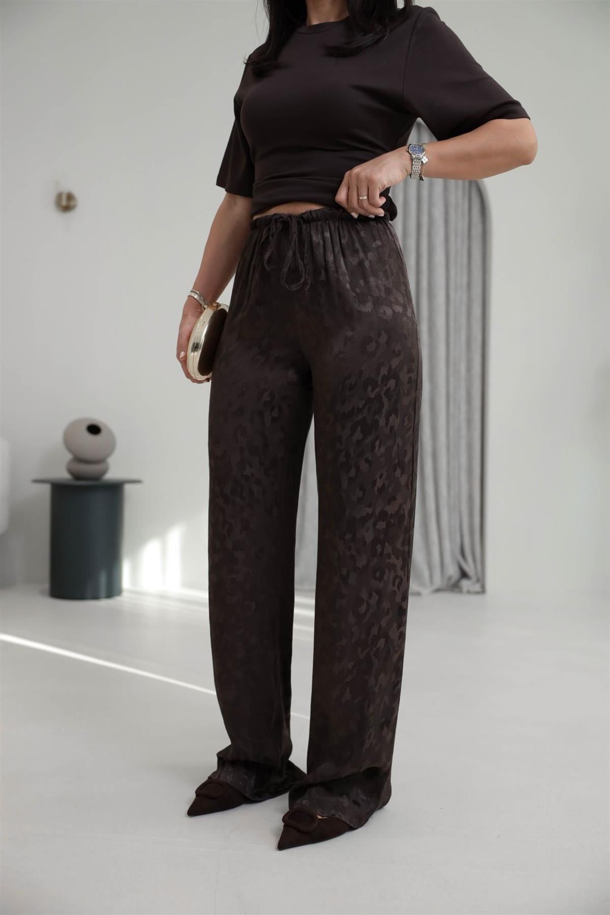 1635Y Leopar Desen Jakarlı Saten Pantolon KAHVE