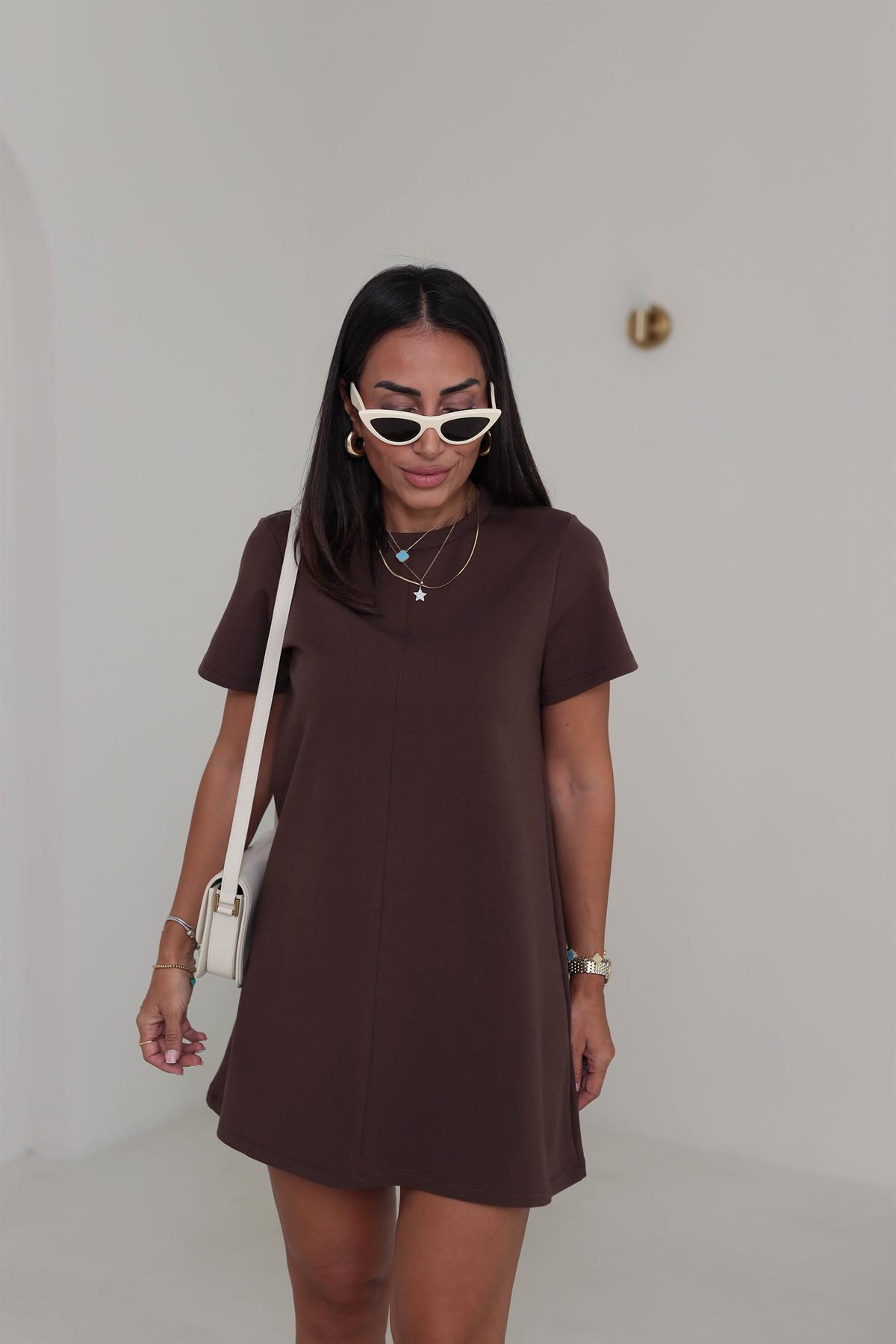 1523 Ön Dikiş Detaylı Penye Elbise KAHVE