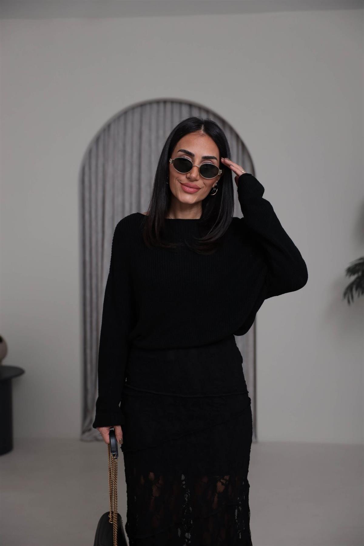 0804 Kayık Yaka Basic Triko Kazak SİYAH