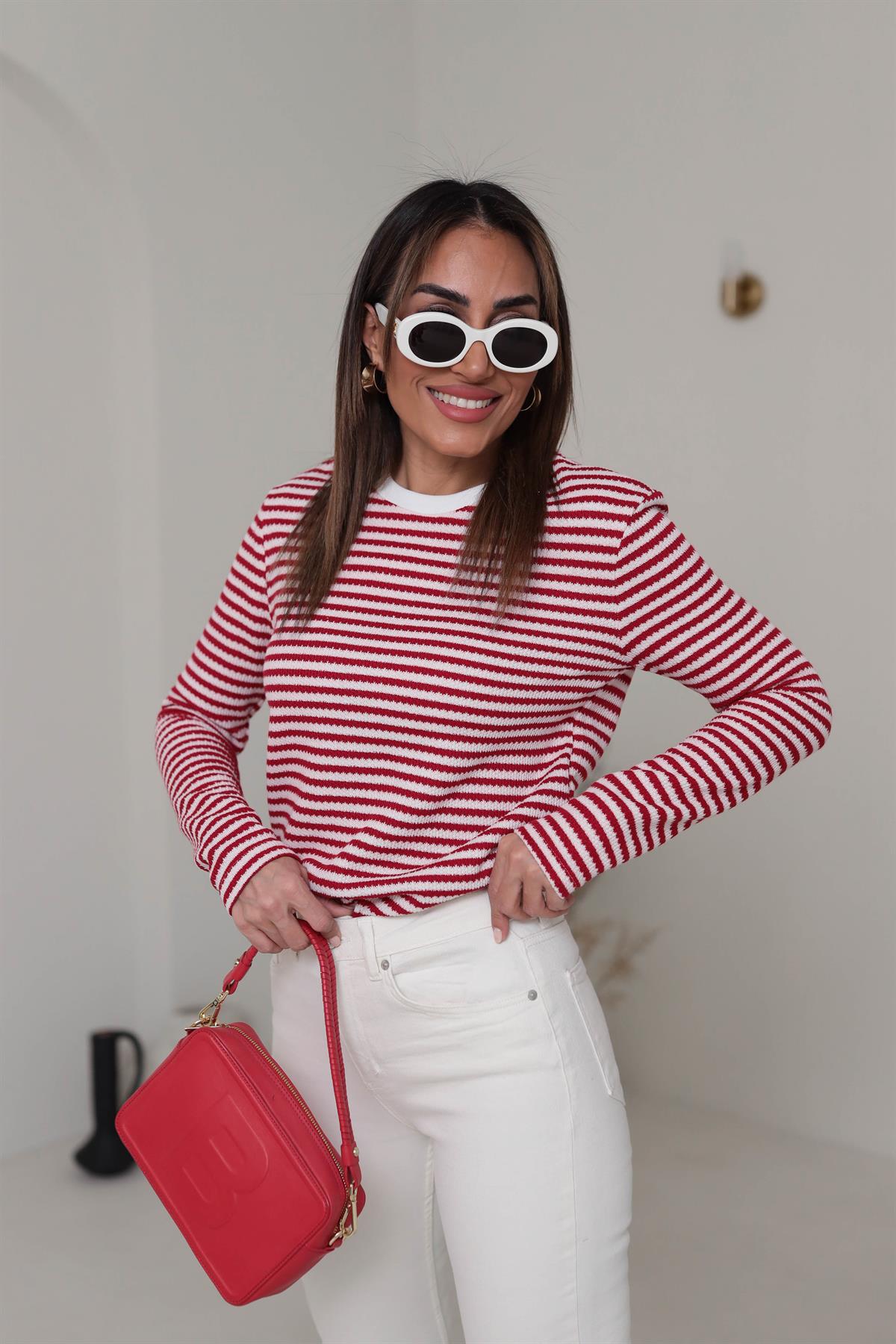 3090 Çizgili Bisiklet Yaka Triko Bluz KIRMIZI