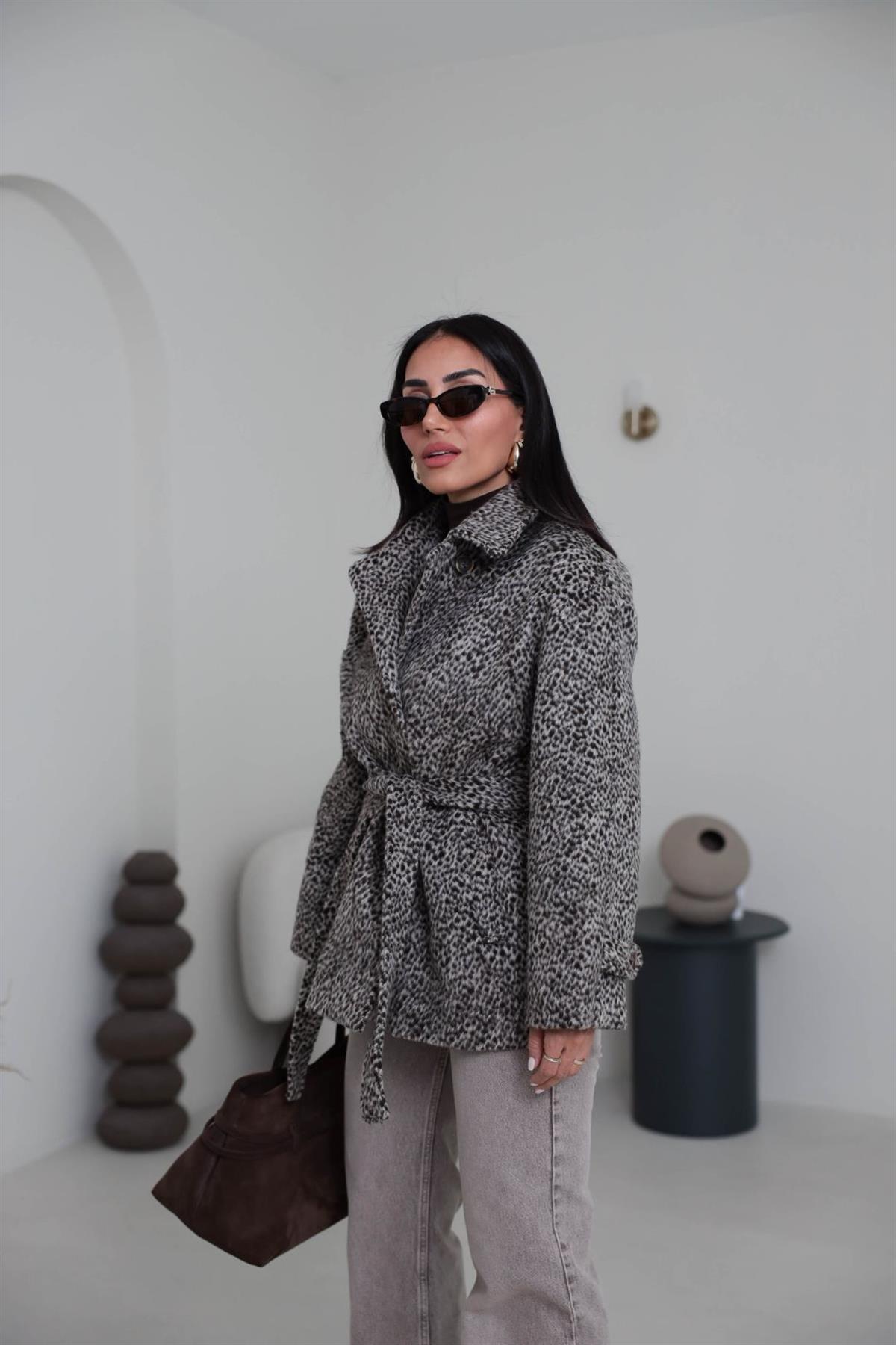 L0646 Desenli Kuşaklı Kaşe Ceket KAHVE