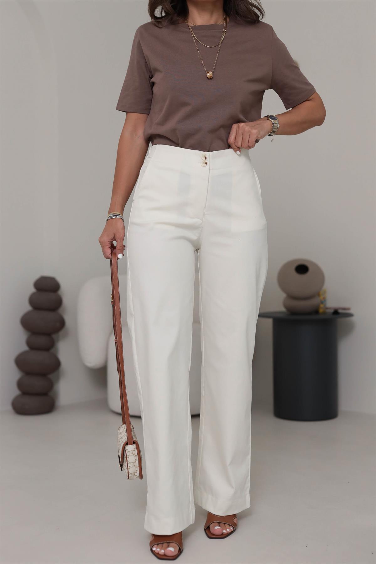 9953 Yüksek Bel Likralı Kumaş Pantolon KREM