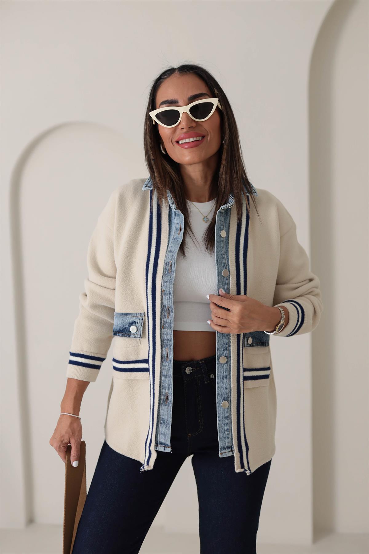 4587 Kot Garnili Çizgi Cep Detay Hırka