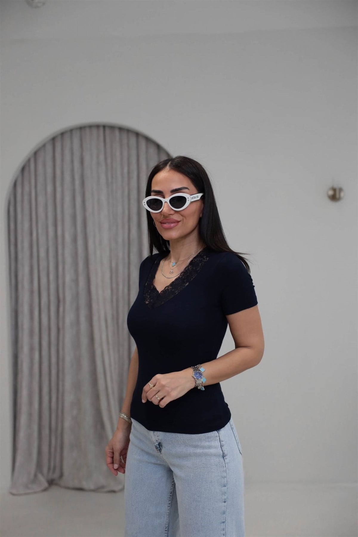 1015 V Yaka Dantelli Modal Body LACİVERT