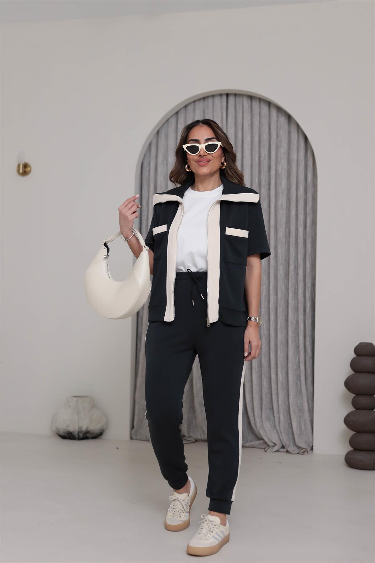 5712 Kısa Kol Fermuarlı Kontrastlı Modal Takım SİYAH-EKRU