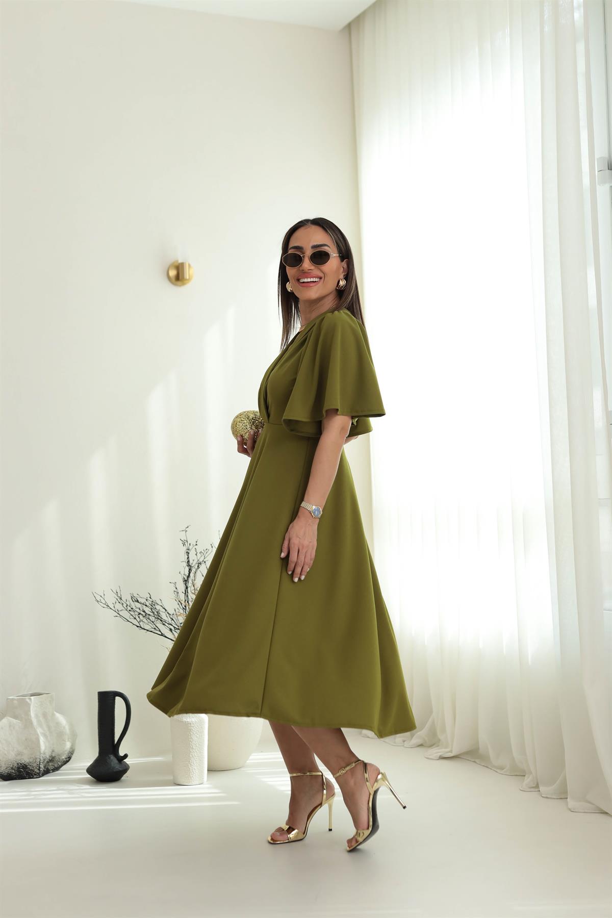 3707 Kol Volanlı Krvaze Yaka Midi Boy Elbise YAĞ YEŞİLİ