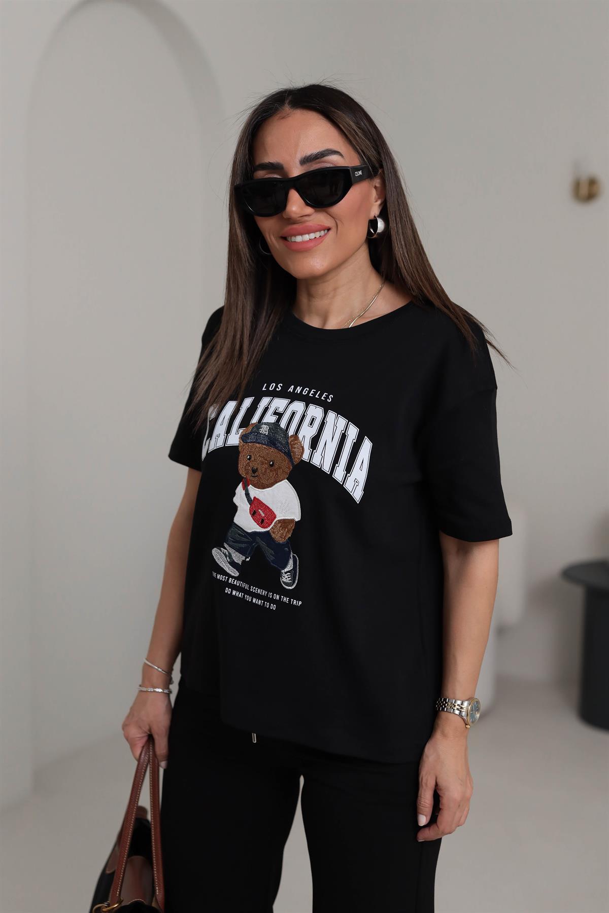 0295 Bisiklet Yaka Tedy Nakışlı Koton Tshirt SİYAH