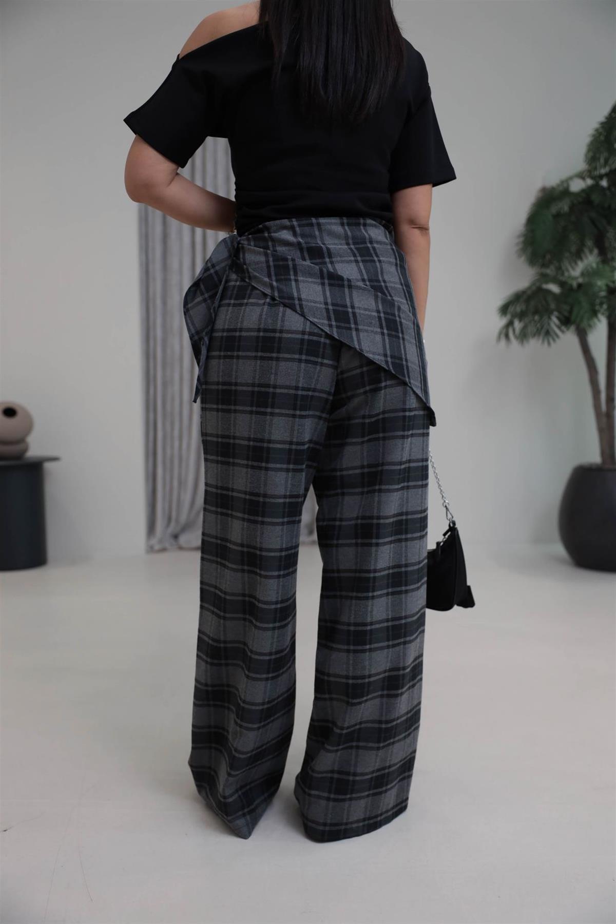 1508 Arka Bel Lastikli Bağlama Detaylı Ekose Pantolon ANTRASİT