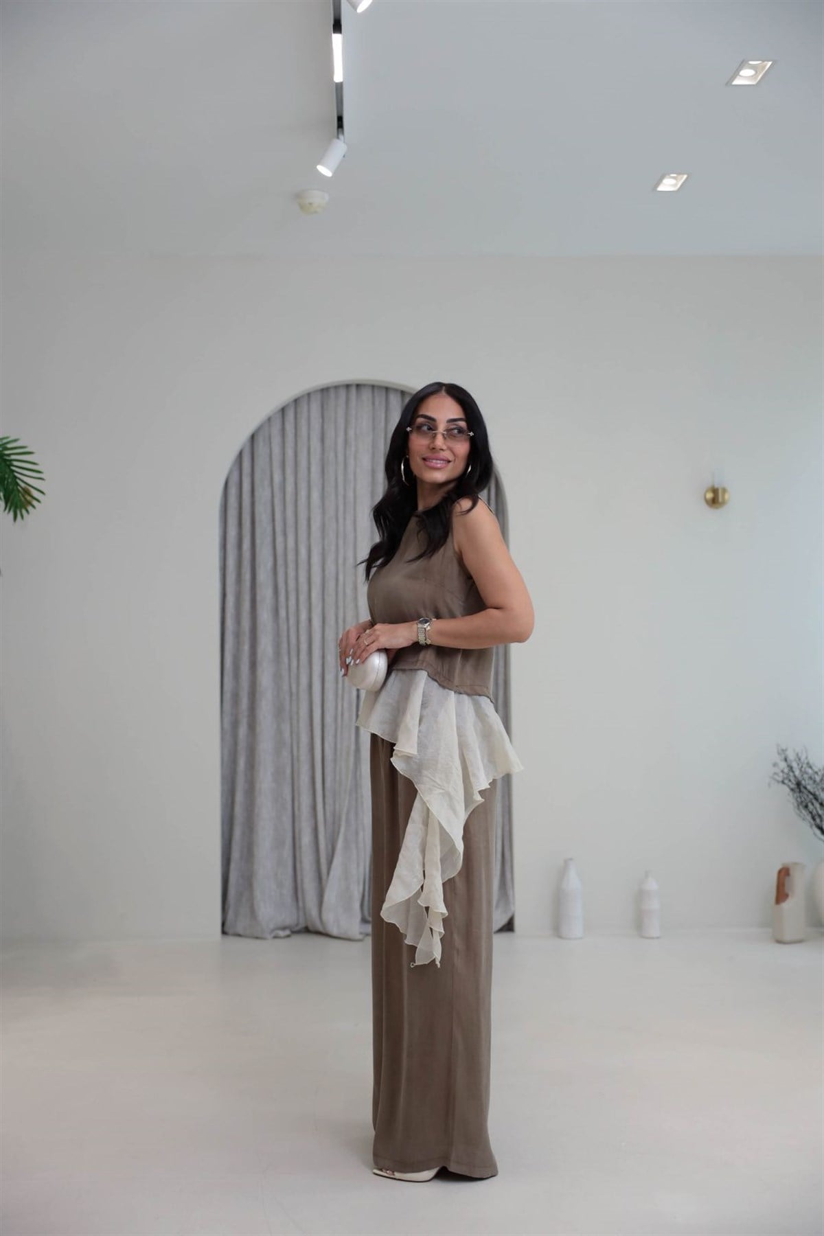 1391 Yandan Bağlamalı Tencel Kolsuz Bluz Pantolon Takım KAHVE