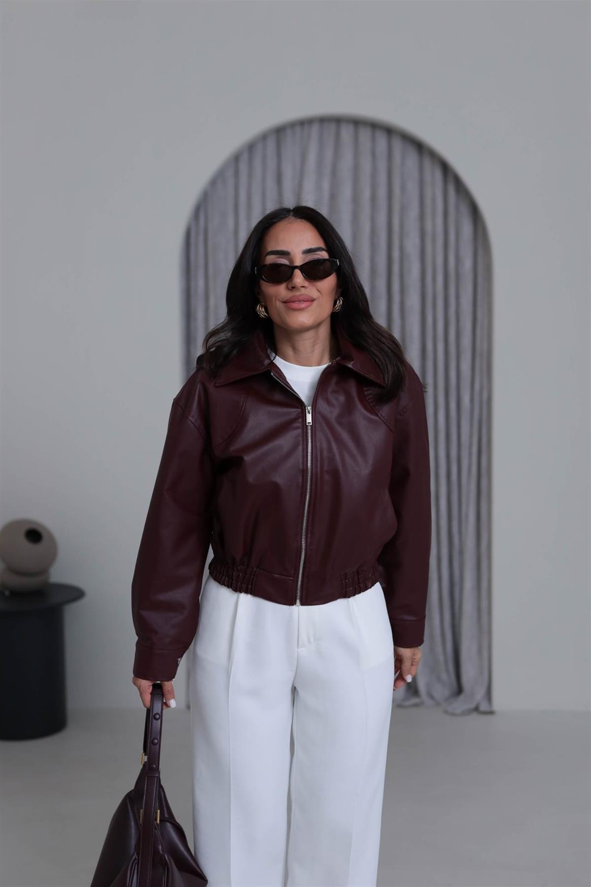3128 Bel Lastikliı Suni Deri Bomber Ceket BORDO