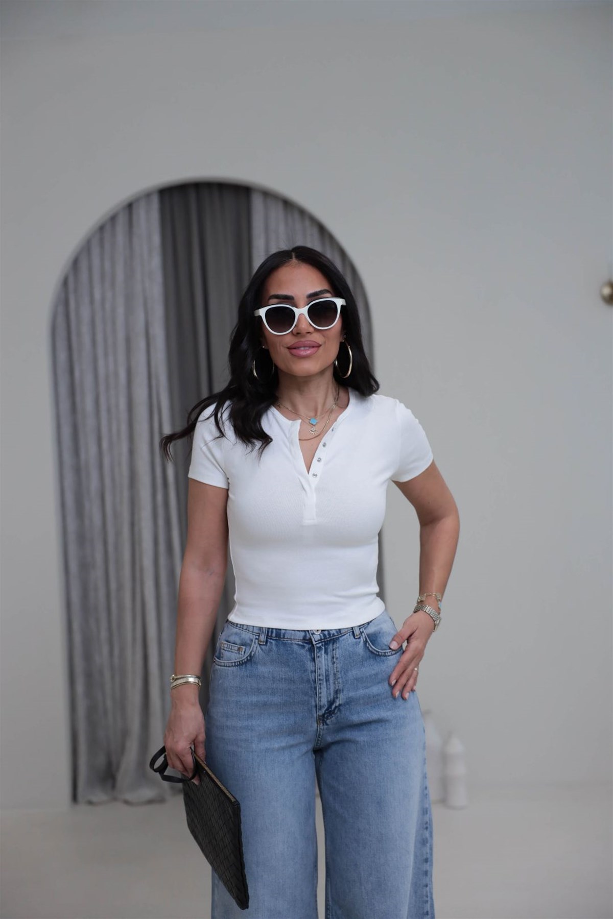 1704 Çıtçıt Düğmeli Kısa Kol Modal Tshirt EKRU