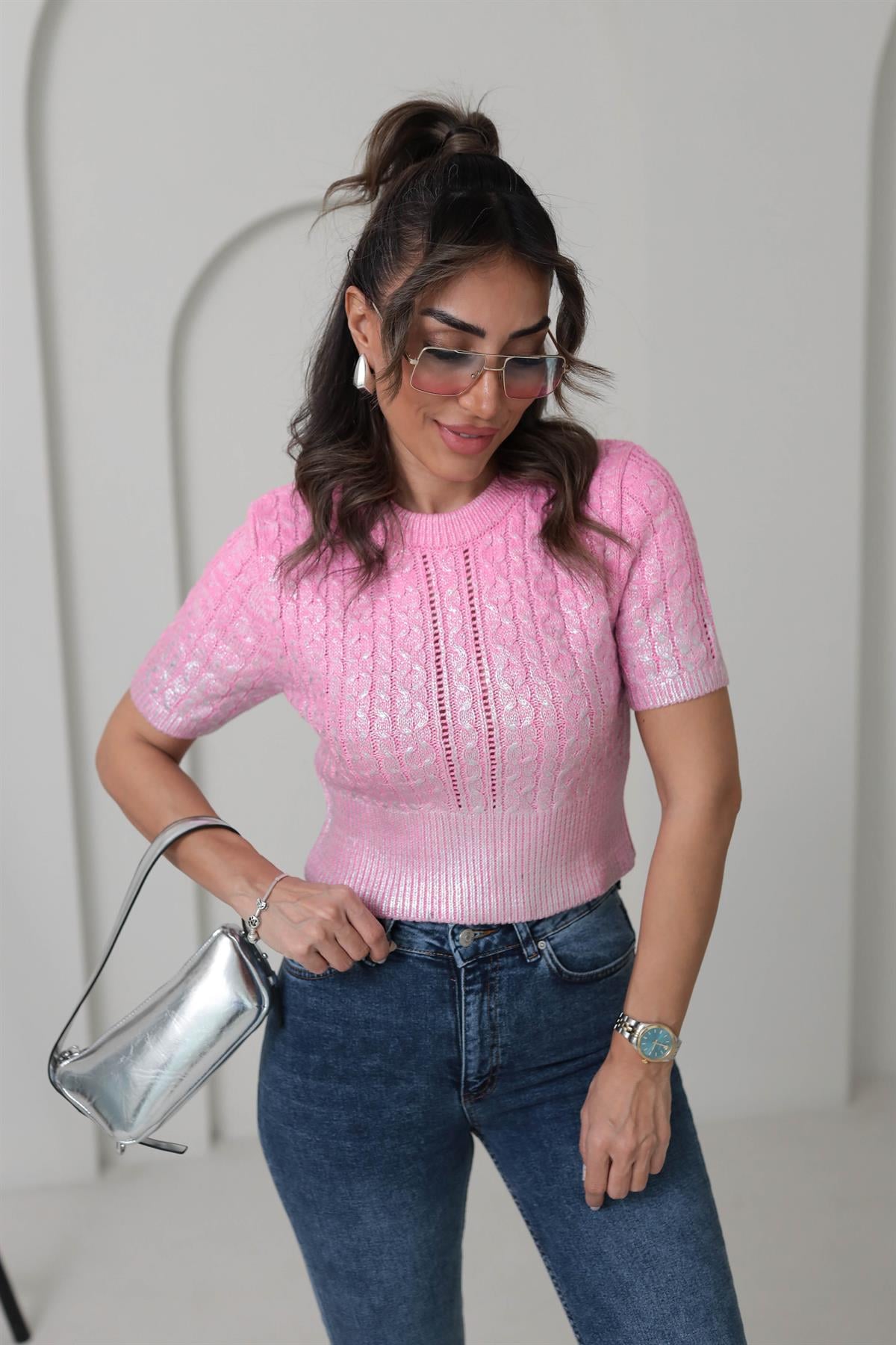 4225 Gümüş Baskılı Kısa Kol Kazak PEMBE