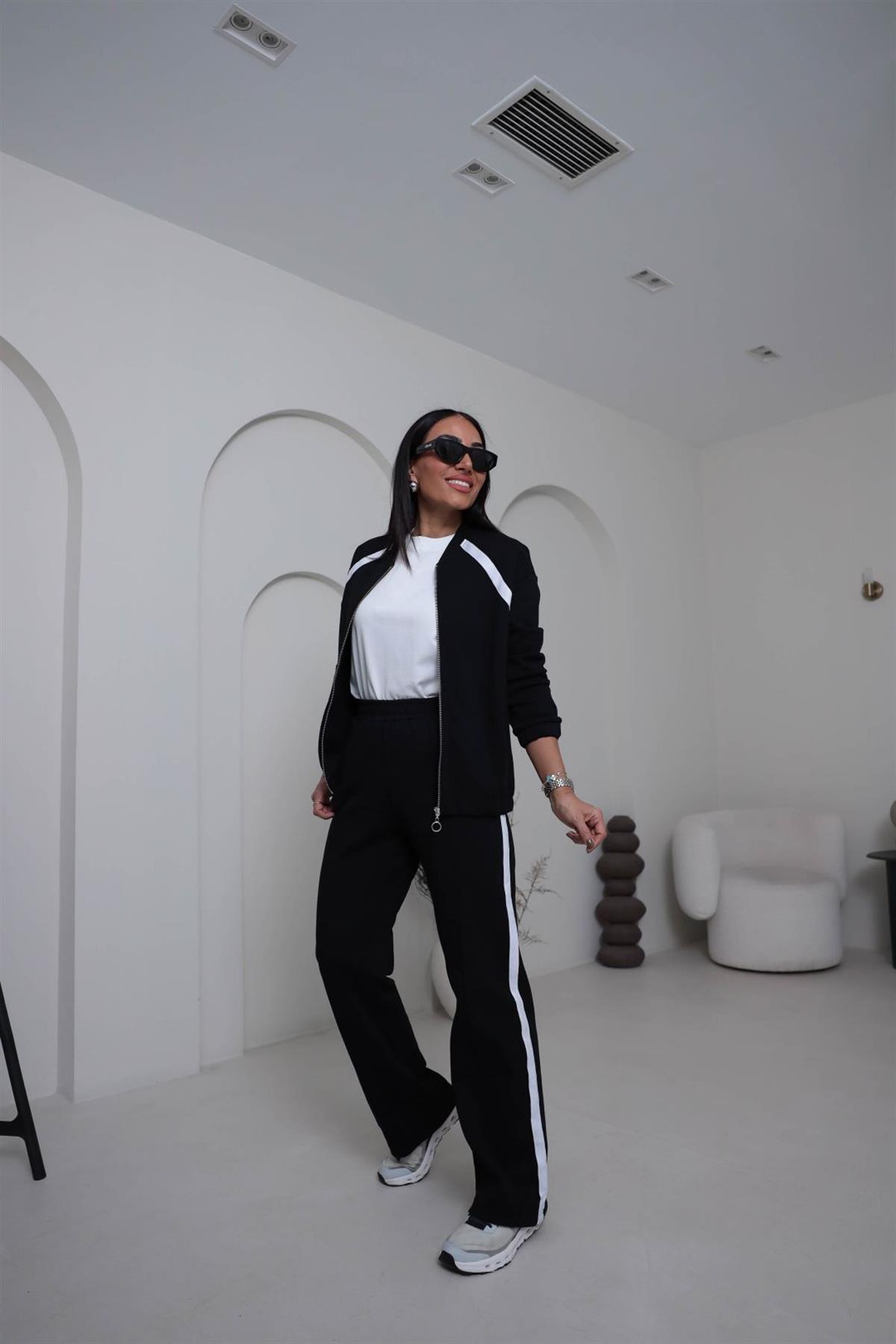 2031 Şerit Detay Fermuarlı Pike Kumaş Takım SİYAH