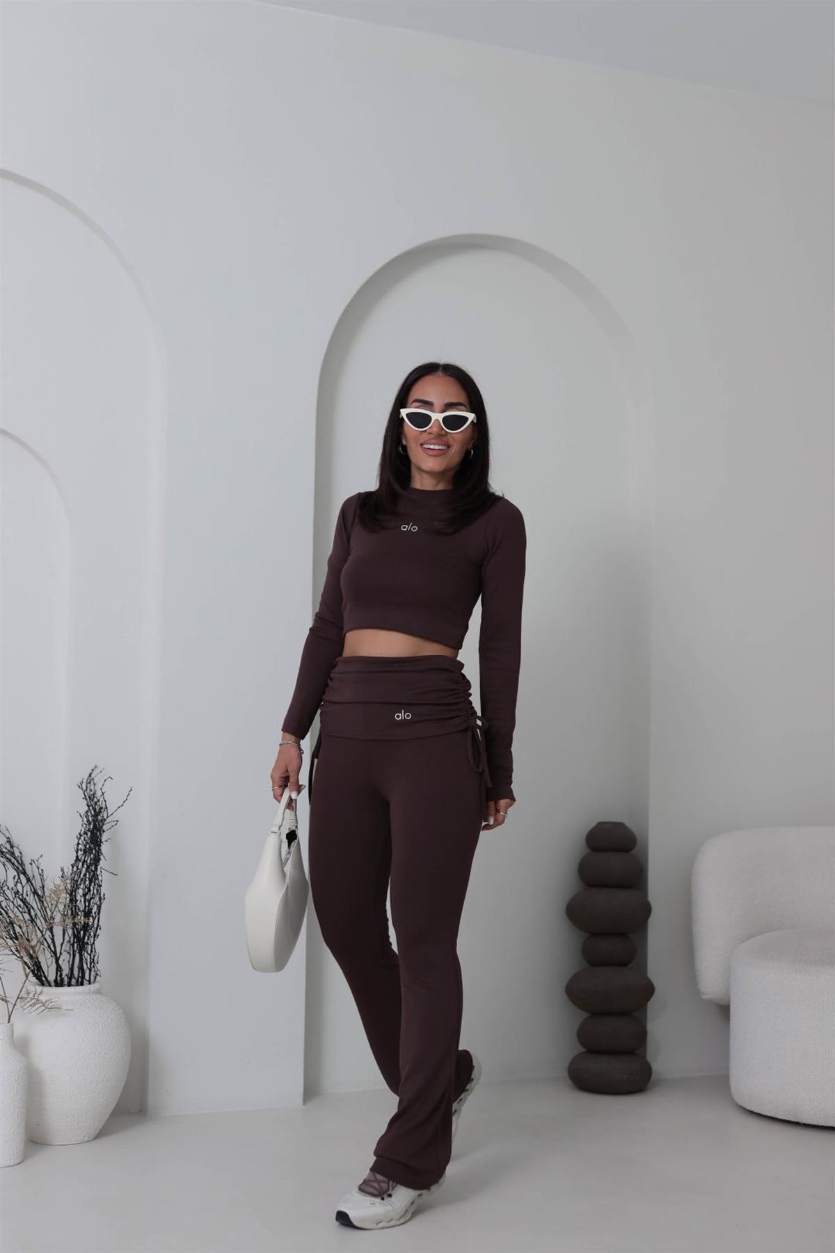 4033 Gümüş Yazı Baskılı Bel Detaylı Takım KAHVE