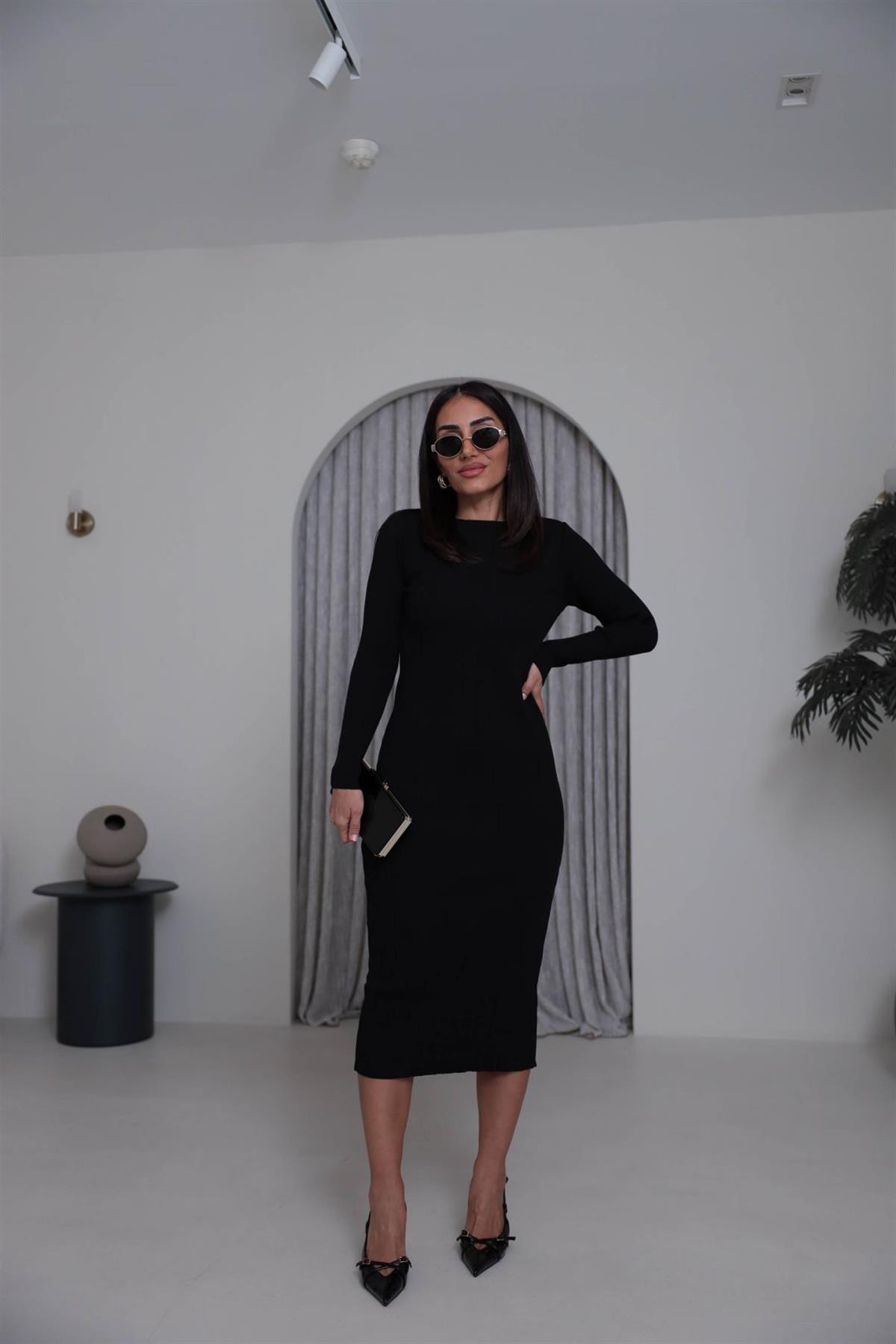 2000 Kayık Yaka Triko Elbise SİYAH
