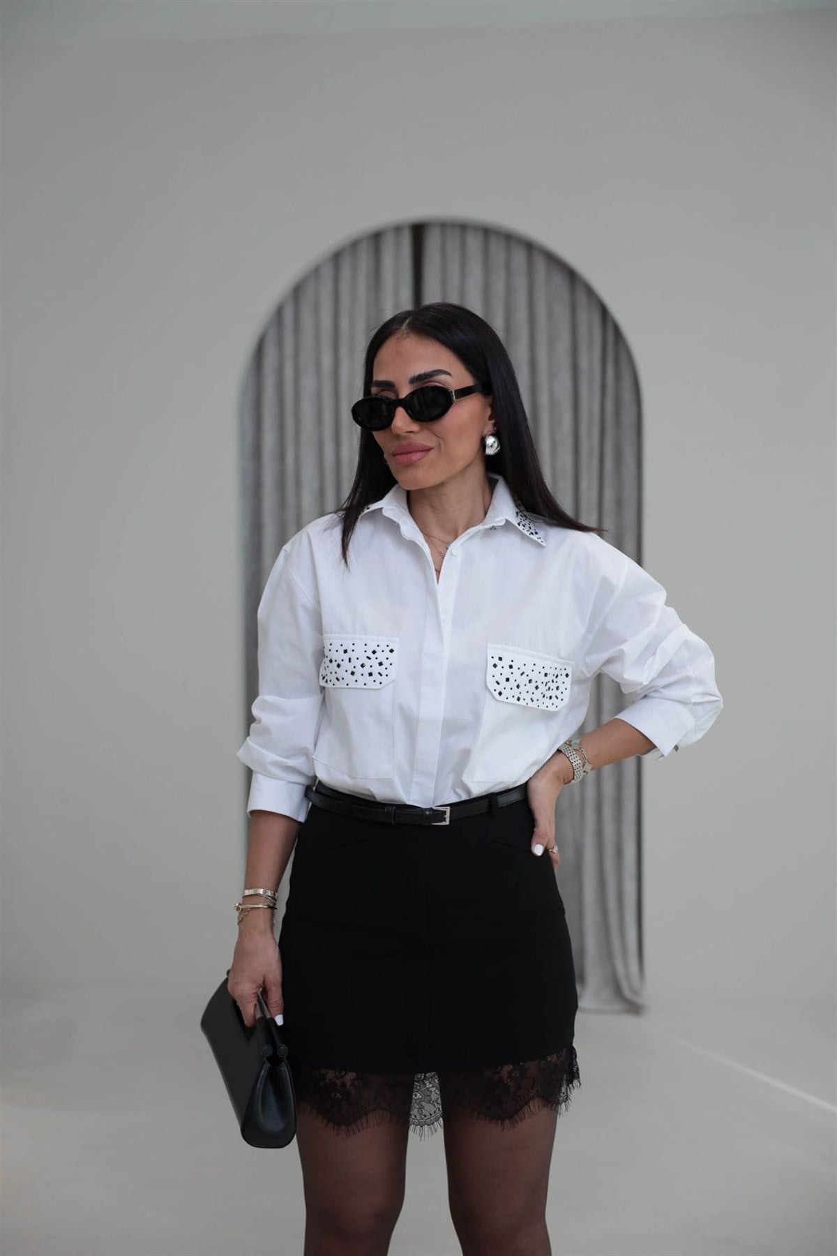 3605 Yakası Taş İşlemeli Poplin Gömlek BEYAZ