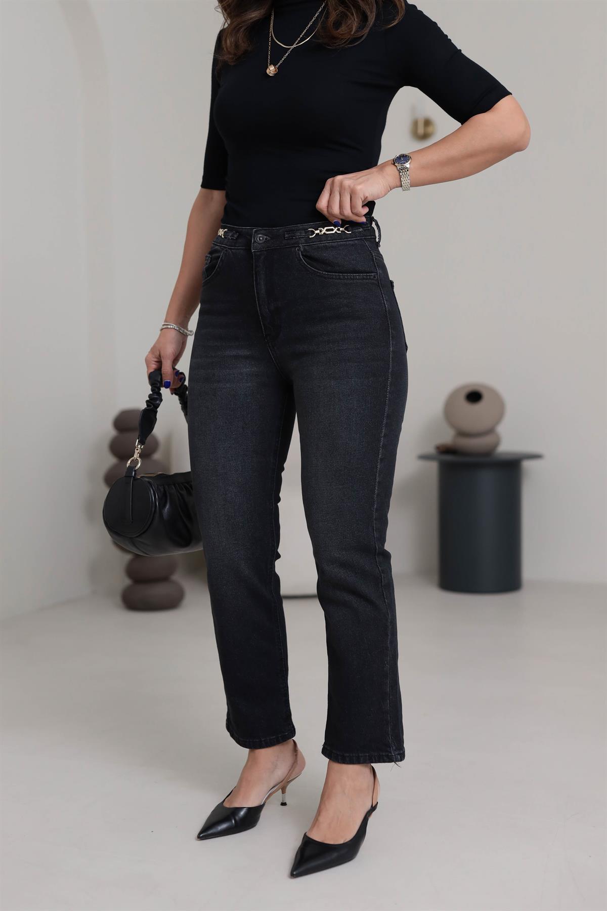 1752 Yüksek Bel Zincir Aksesuar detaylı Pantolon FÜME