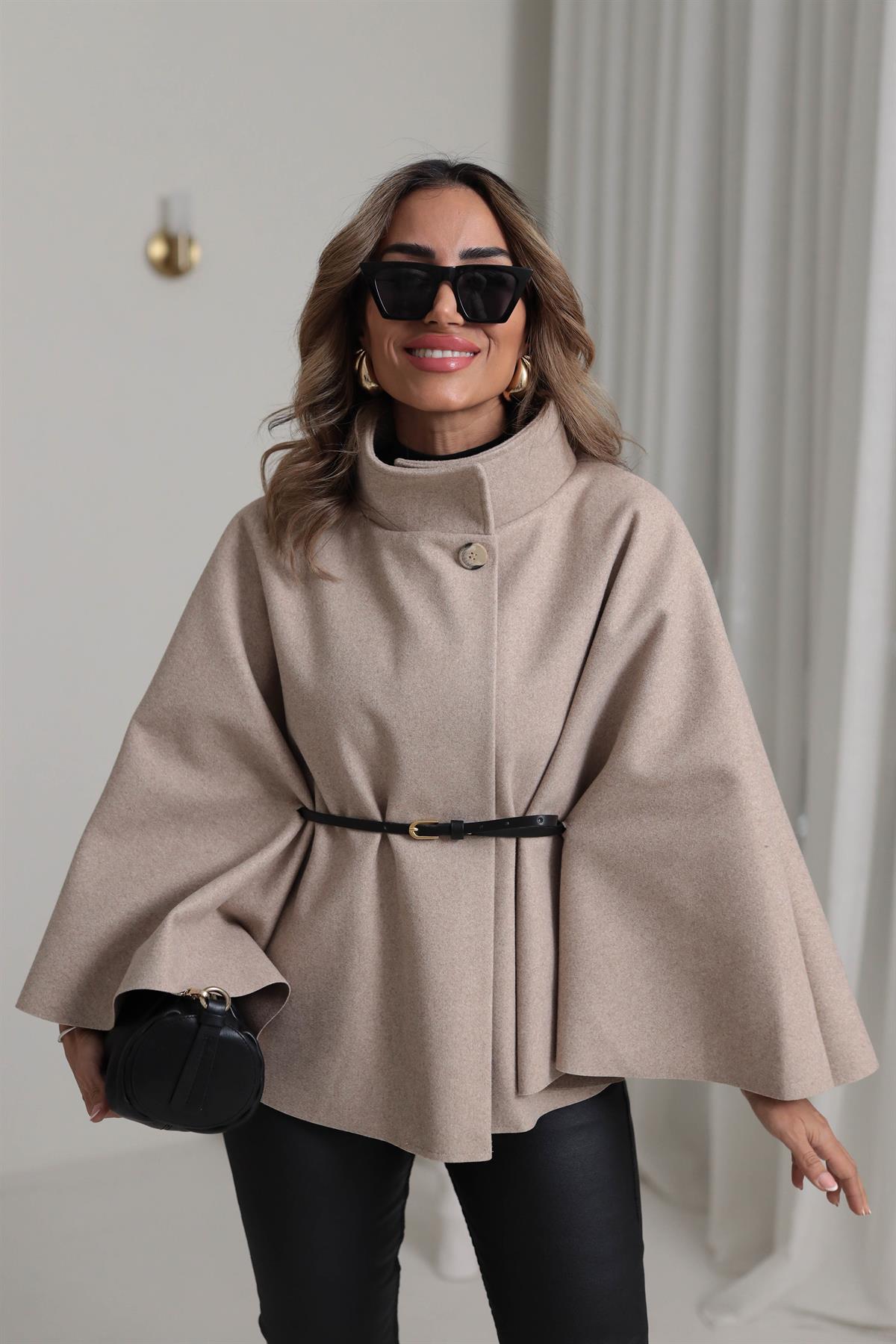 80167 Kemerli Dik Yaka Kaşe Panço BEJ