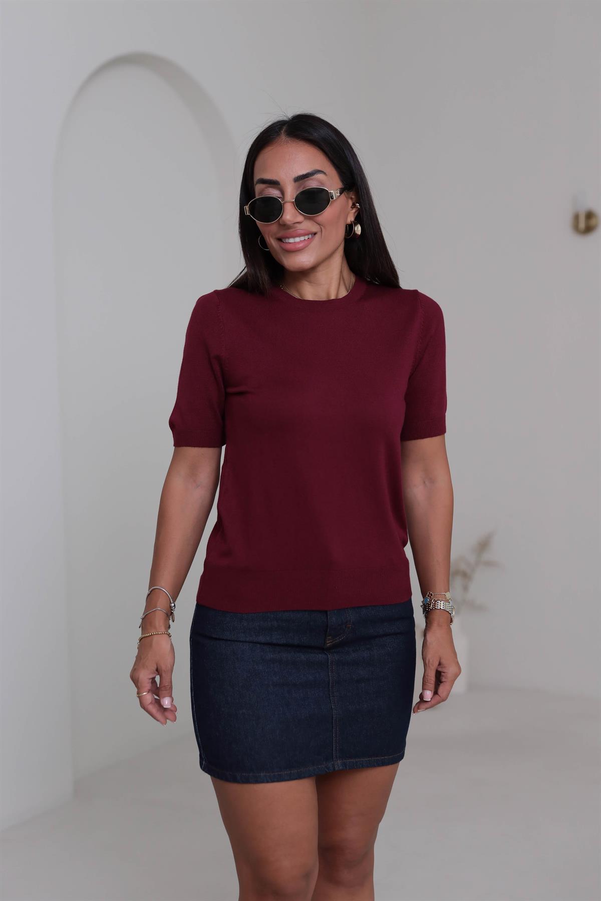 0779 Bisiklet Yaka Kısa Kol Basic Triko Bluz BORDO