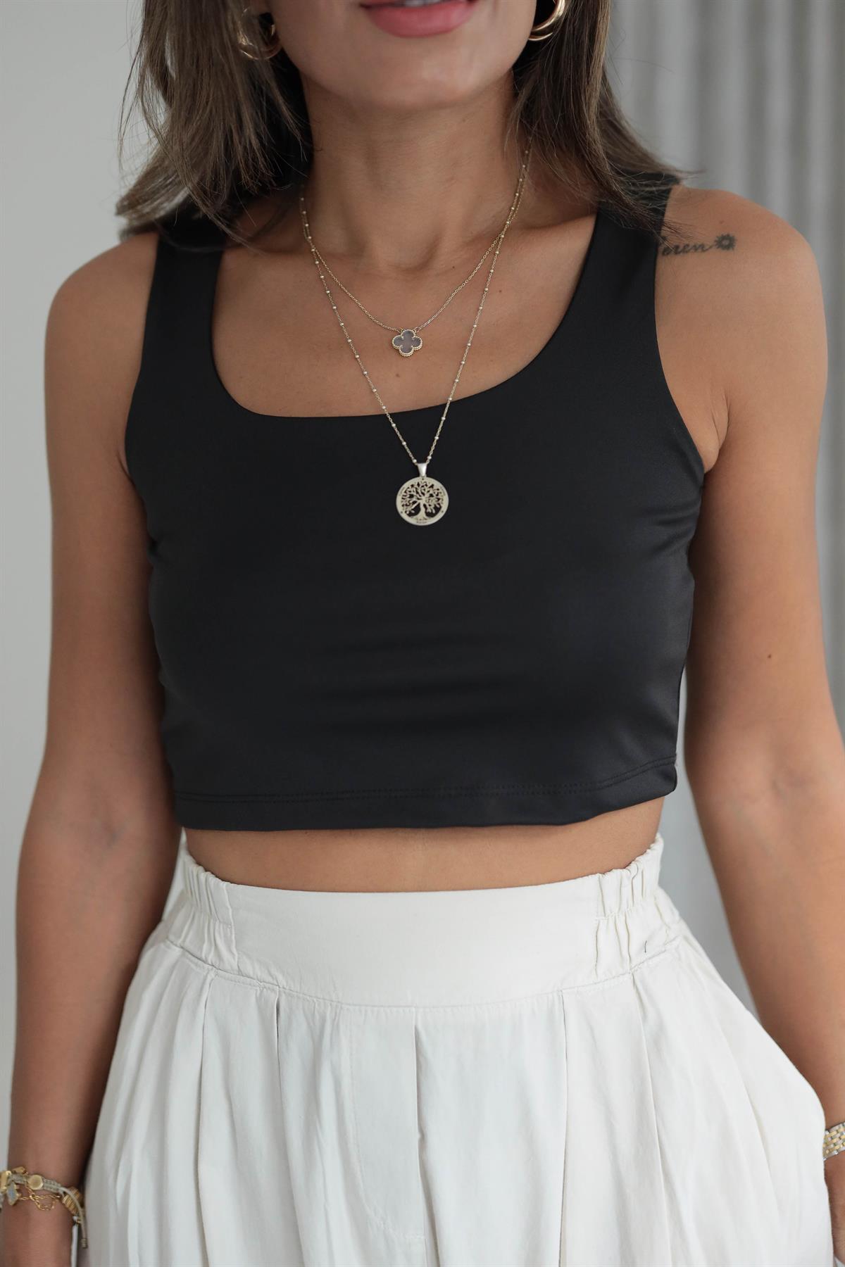 5768 Dalgıç Kumaş  Yuvarlak Yaka Crop Atlet