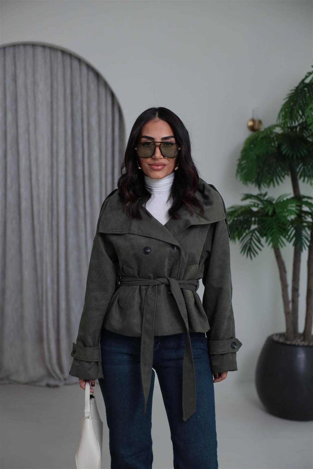 8437 Dik Yaka Kuşaklı Süet Ceket HAKİ YEŞİL