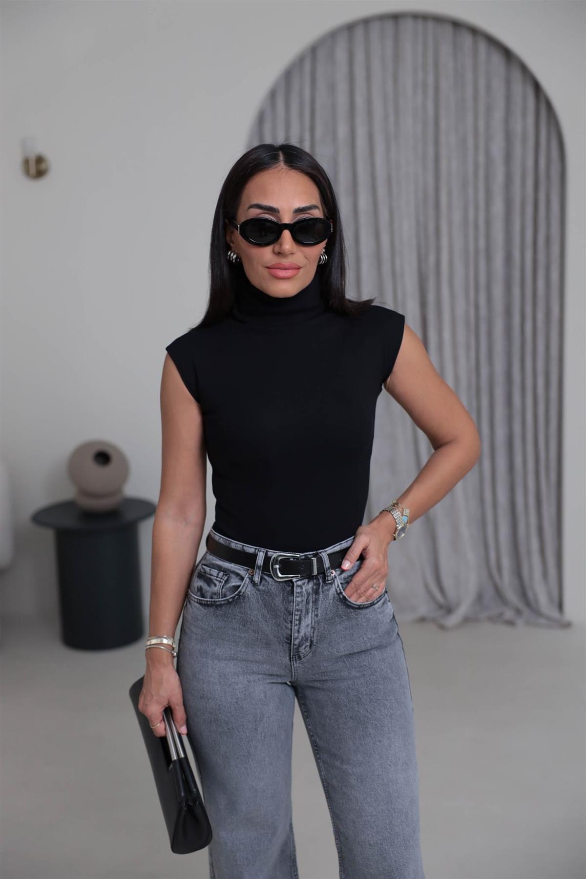 1020 Balıkçı Yaka Sıfır Kol Çıtçıtlı Bodysuit SİYAH