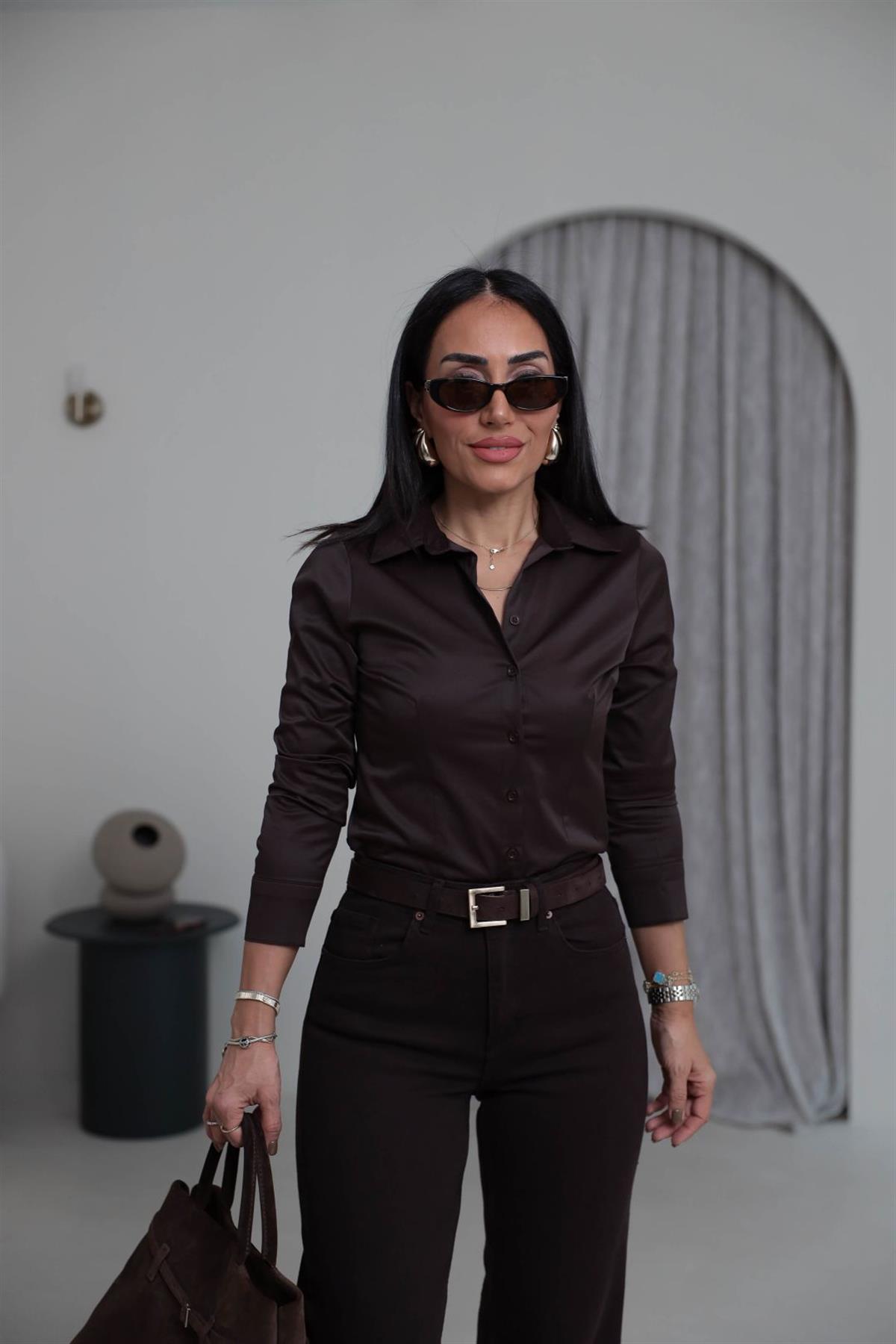 4897 Likralı Gömlek ACI KAHVE