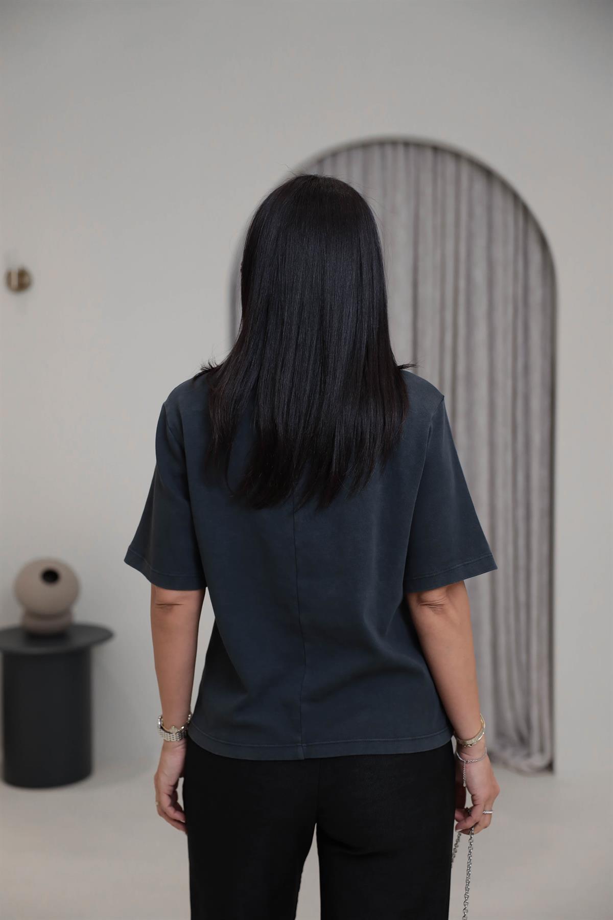 8111 Kaplan Baskılı Pamuklu Yıkamalı Tshirt ANTRASİT