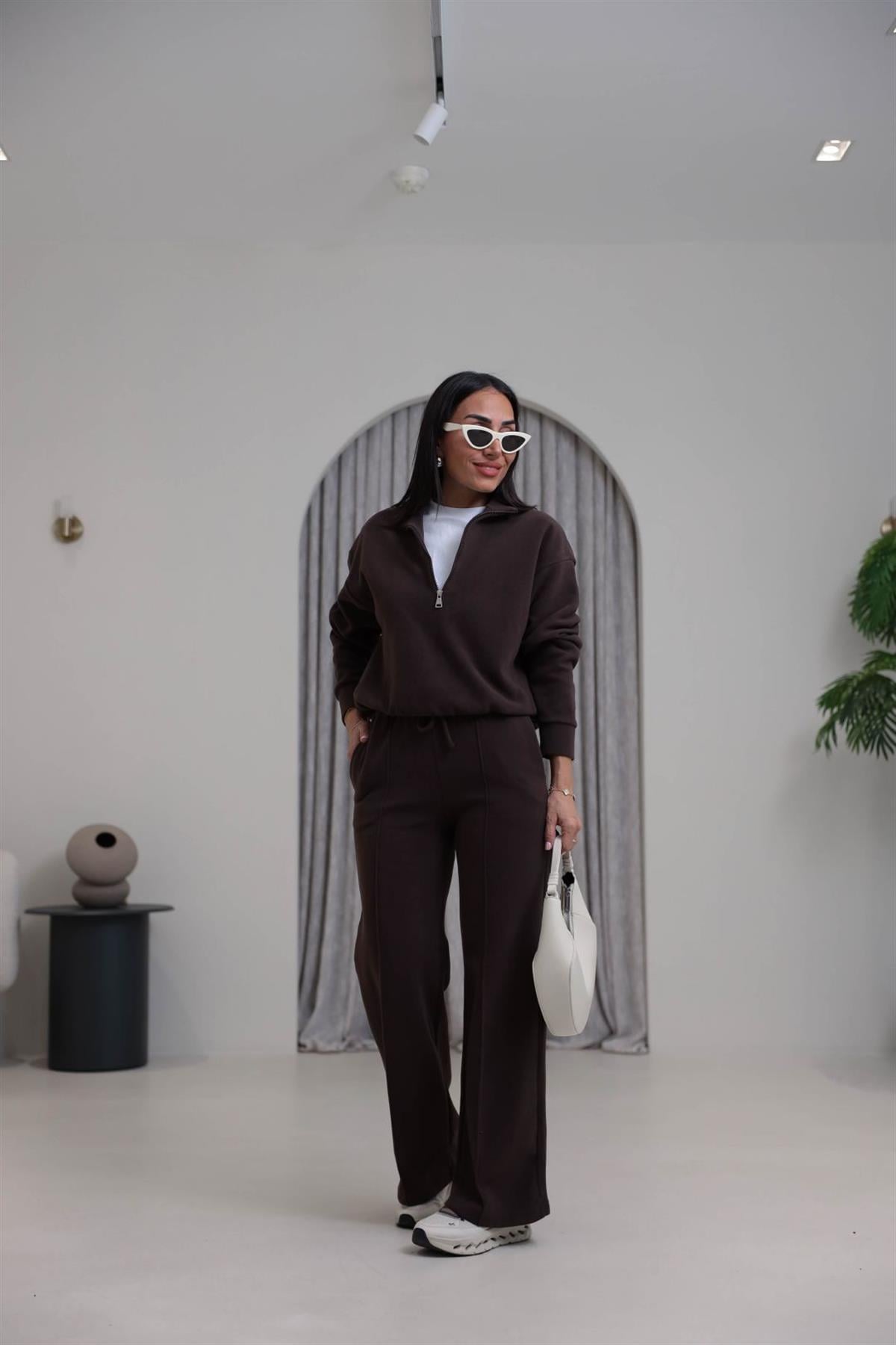 0122 Yarım Fermuarlı Tshirt Garnili Selanik Kumaş Takım KAHVE