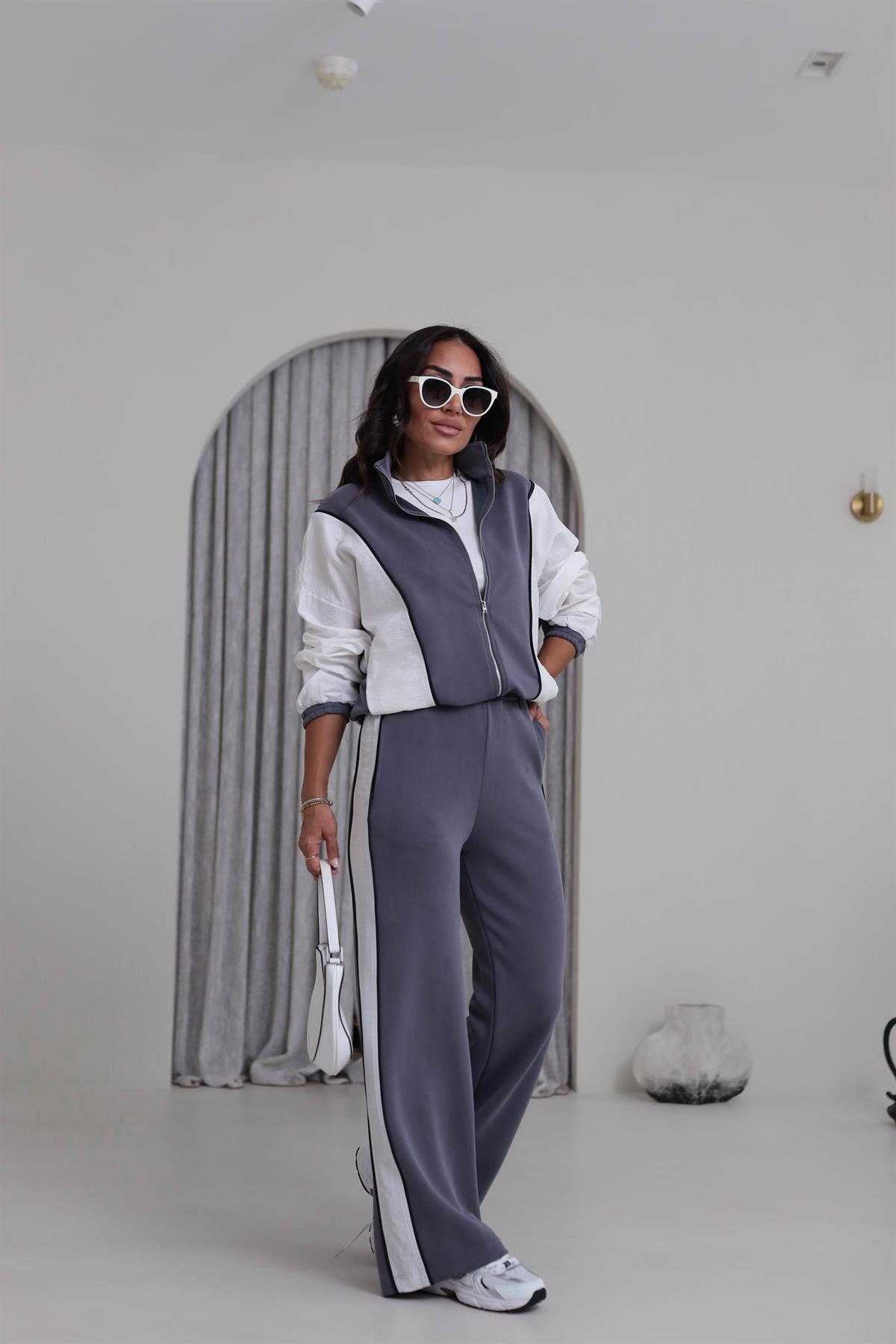 5713 Renk Bloklu Garnili Modal Takım GRİ-BEYAZ