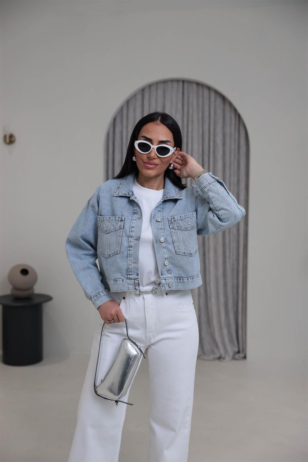 3640 Yaka Ve Cep Taşlı Denim Ceket BUZ MAVİ