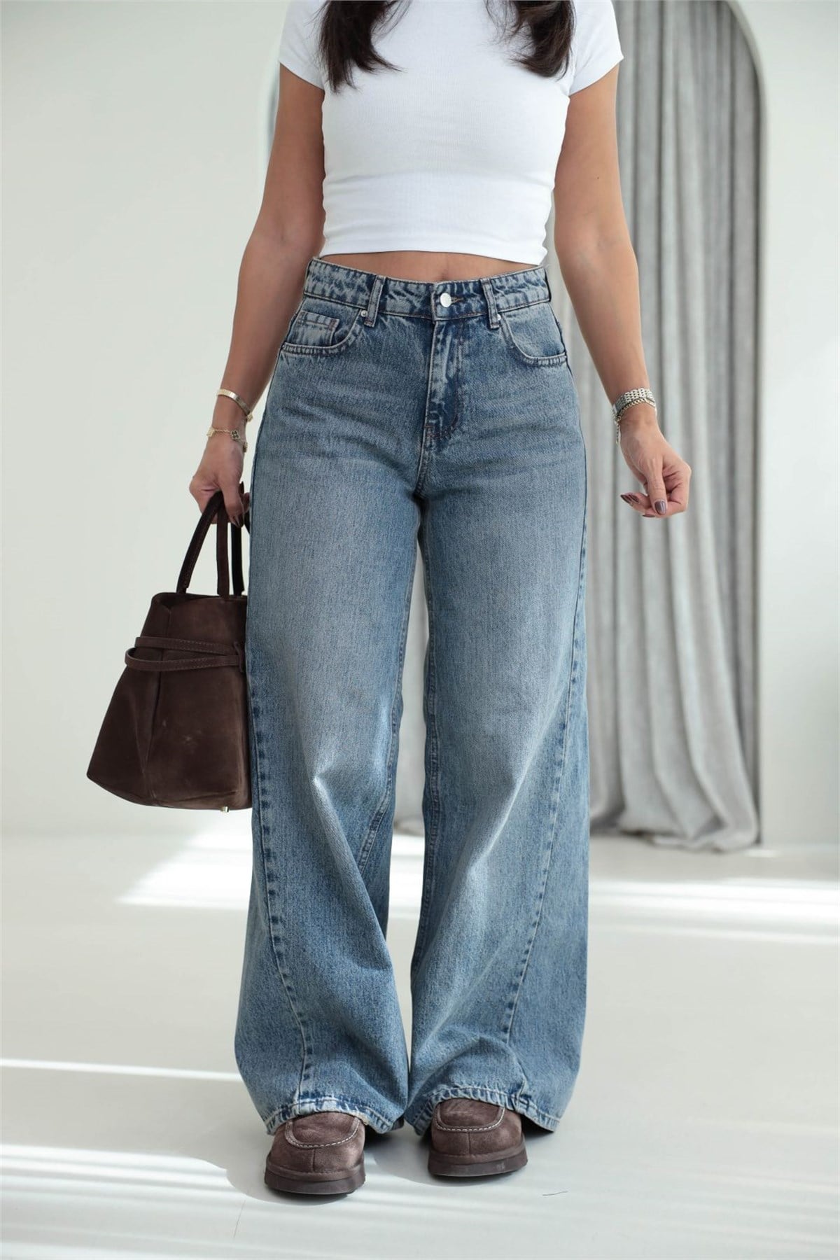 1020 Renk Yıkama Detaylı Wide Leg Denim Pantolon TİNTLİ MAVİ