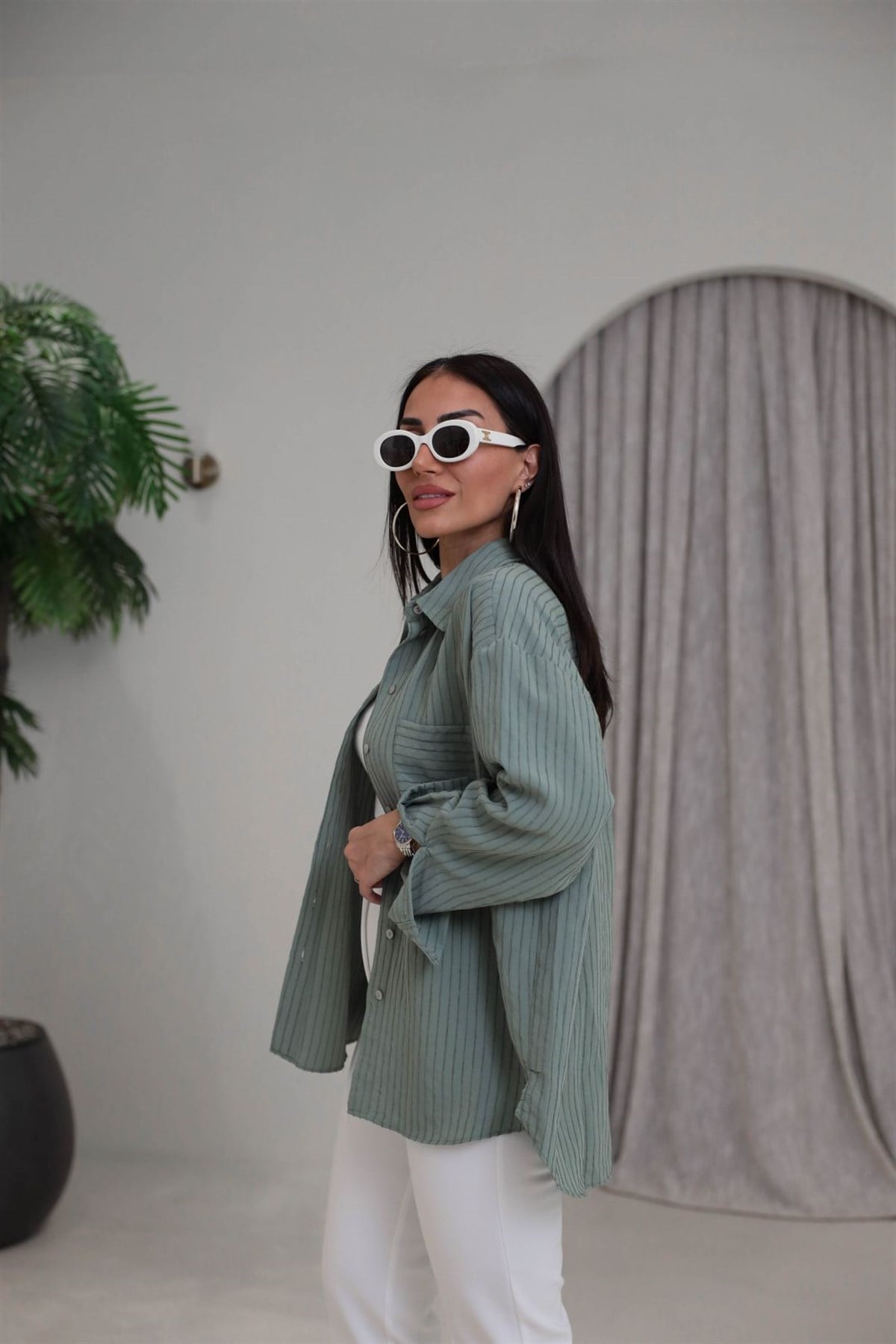5000 Çizgili Modal Dokulu Oversize Gömlek ÇAĞLAYEŞİL