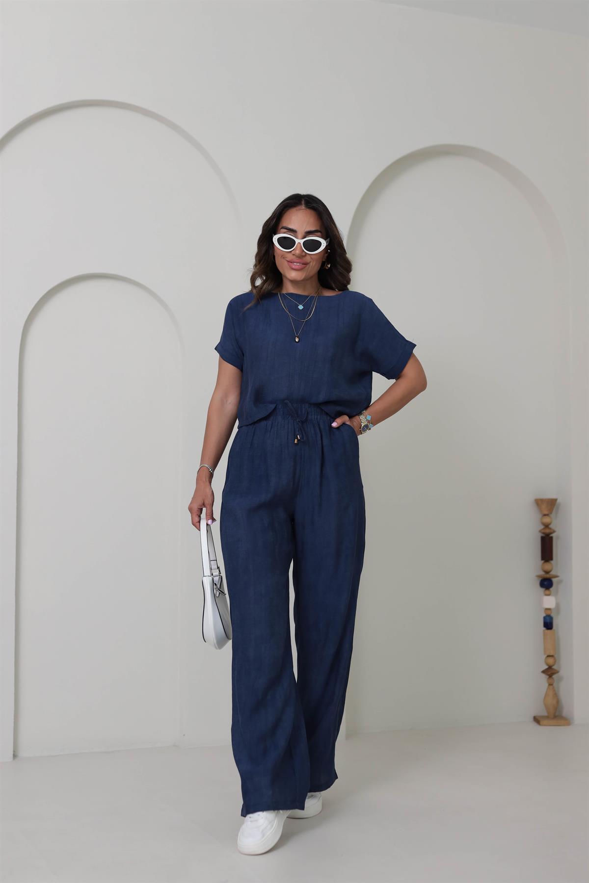 0450 Düşük Omuz Bluz Ve Geniş Paça Pantolon Takım LACİVERT