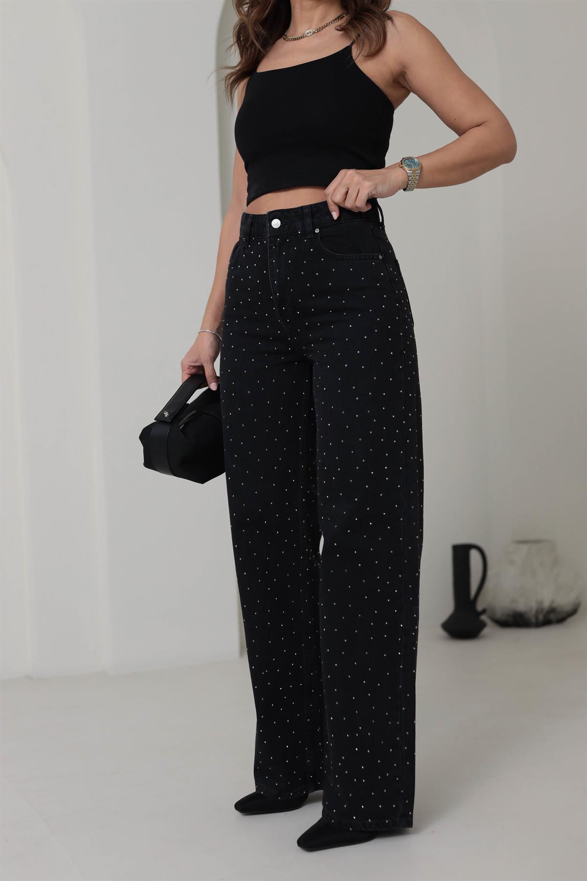 T1071 Yüksek Bel Taşlı Palazzo Jean FÜME