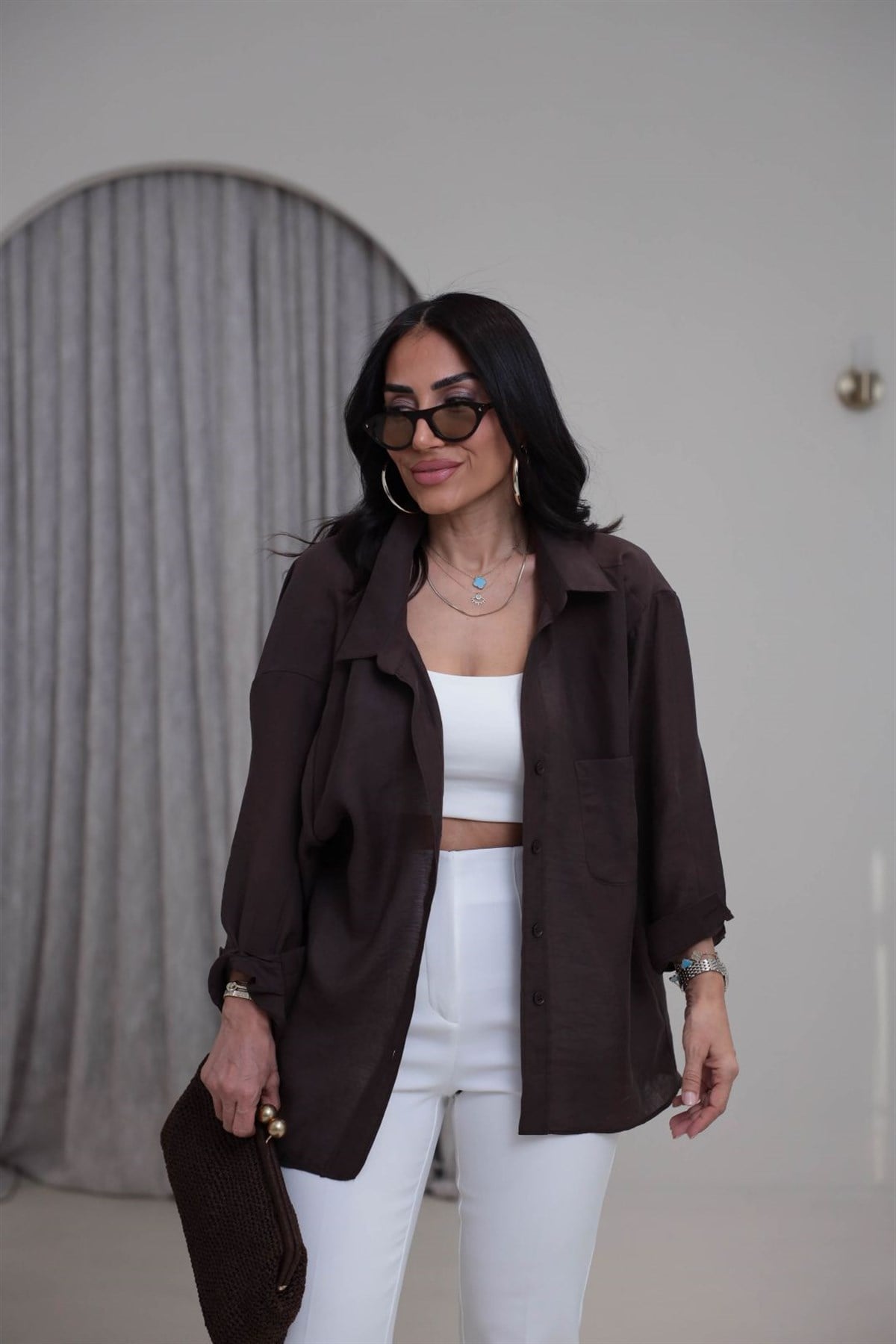 4612Y Tencel Omzu Düşük Oversize Gömlek KAHVE