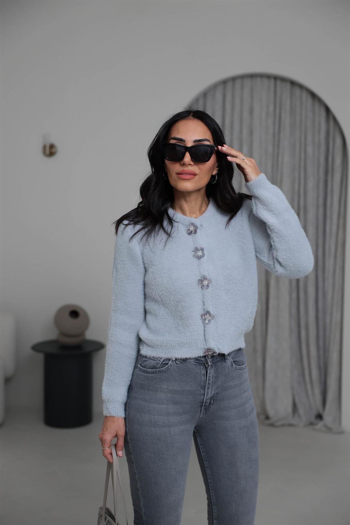 314 Çiçek Düğmeli Çıtçıtlı Yumoş Hırka AÇIK GRİ