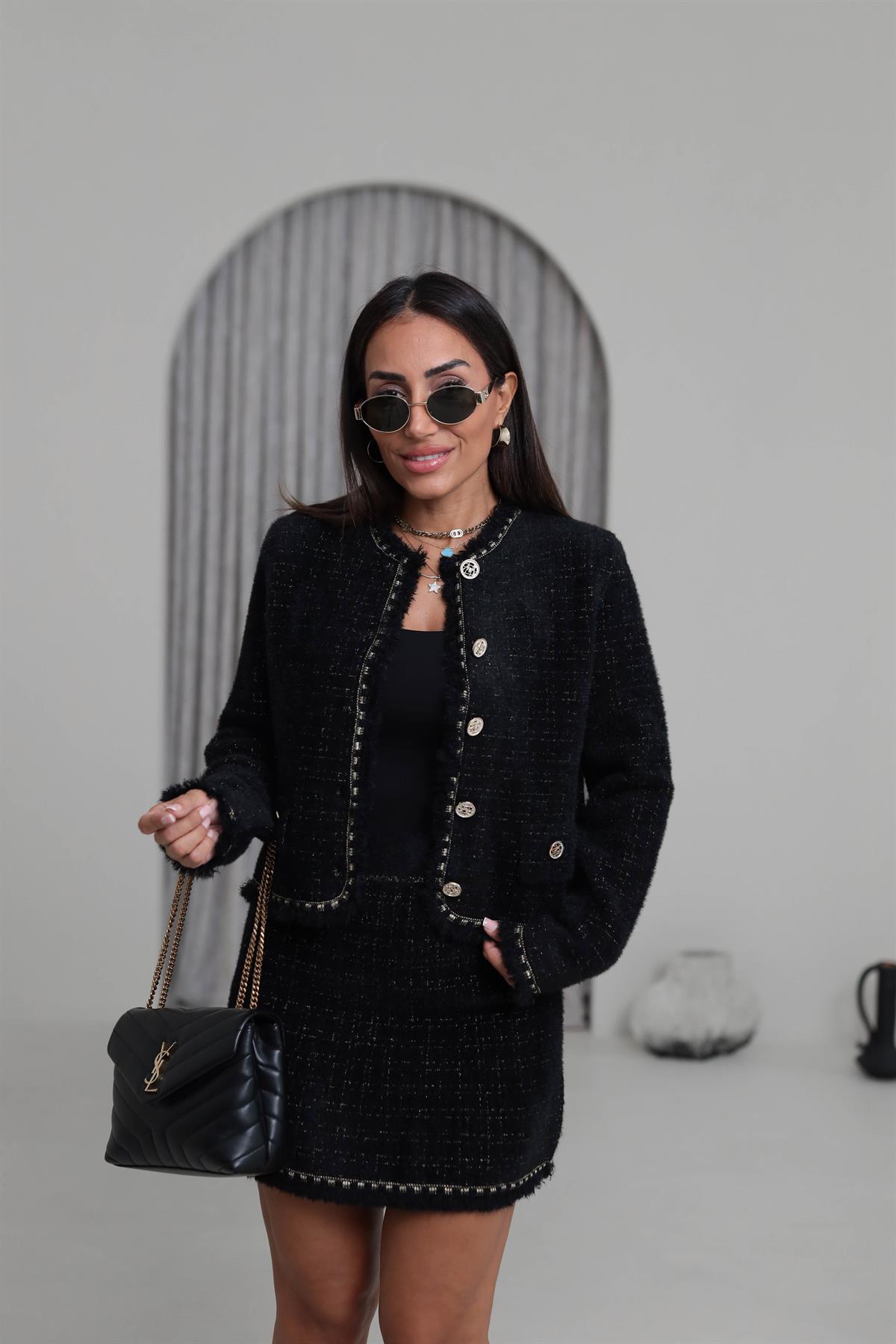 0419 Püskül ve Sim Detaylı Angora Ceket SİYAH