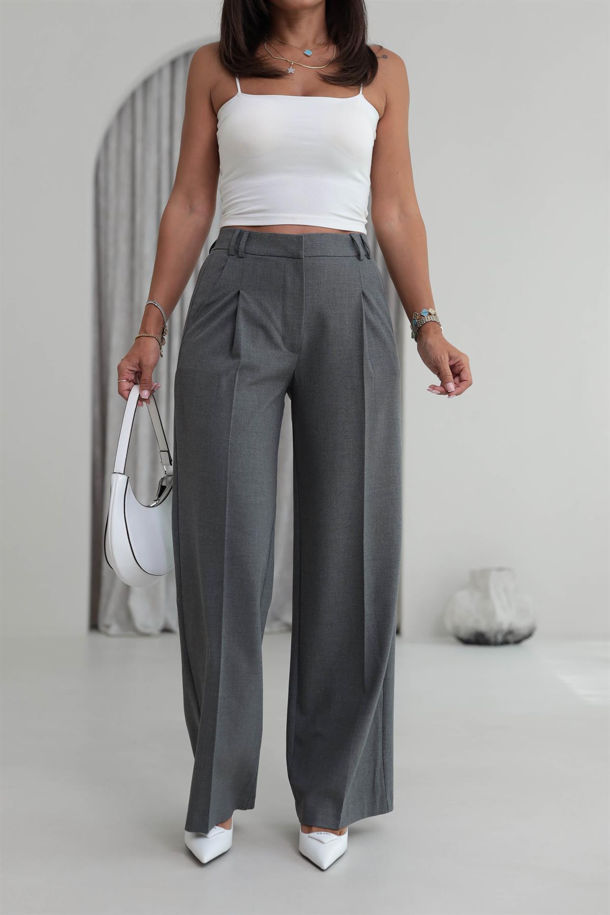 9003 Arka Bel Lastikli Palazzo Pantolon KOYU GRİ