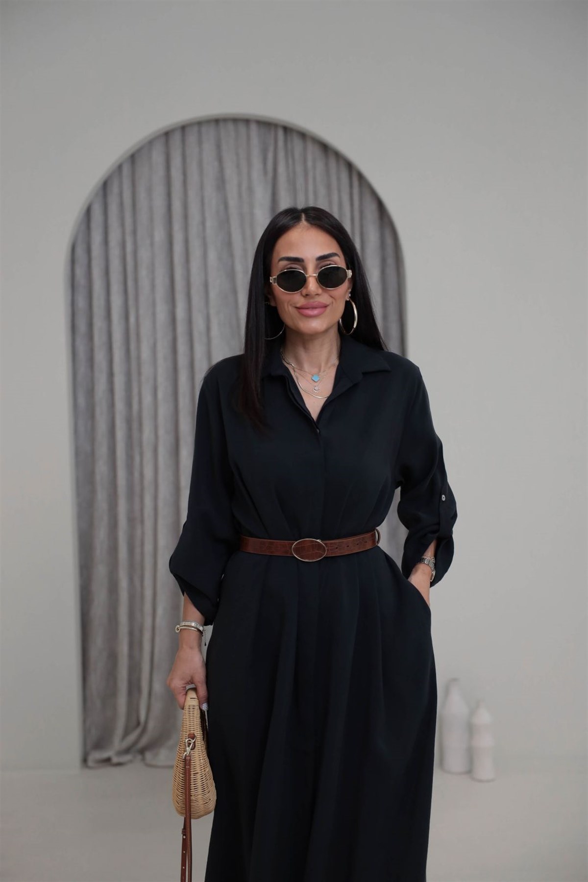 3270 Kemer Detaylı Tencel Kumaş Gömlek Elbise SİYAH