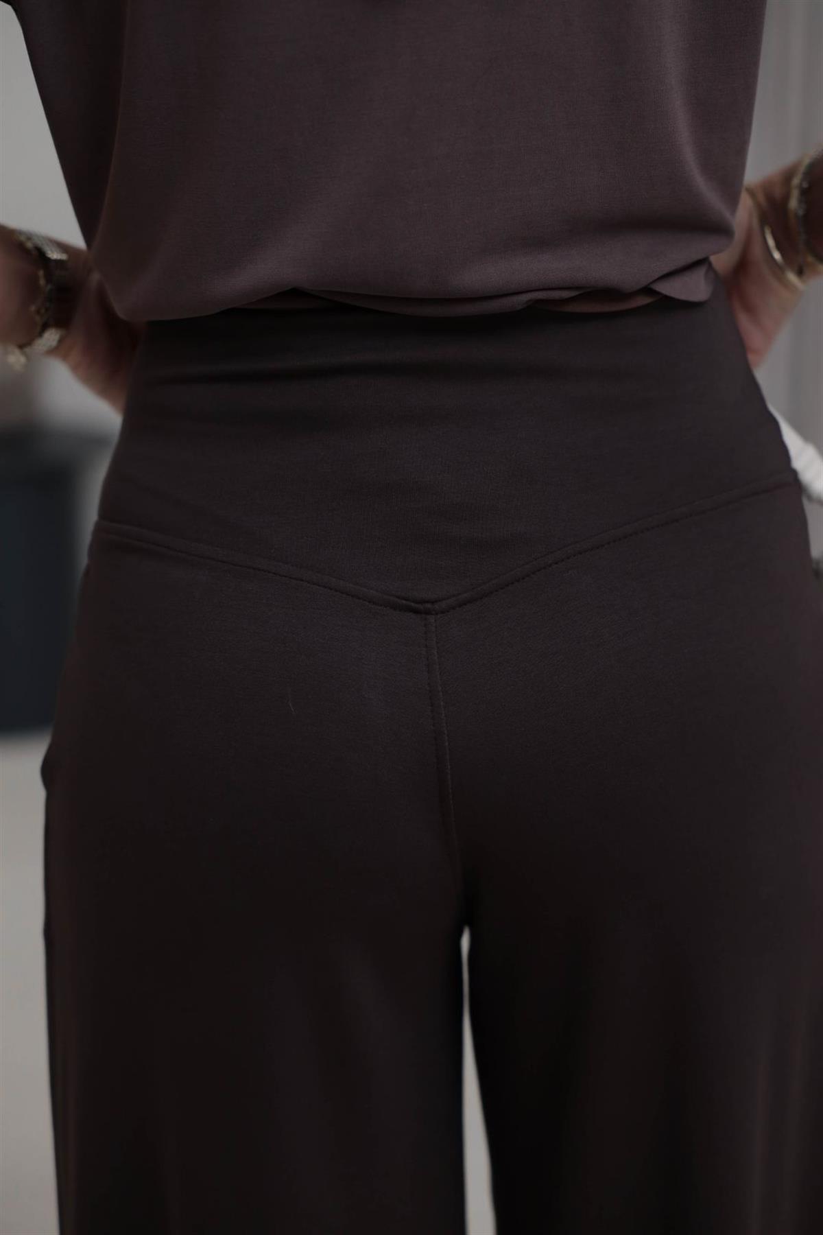 1202 Lulu Geniş Kemerli Piliseli Modal Pantolon KAHVE