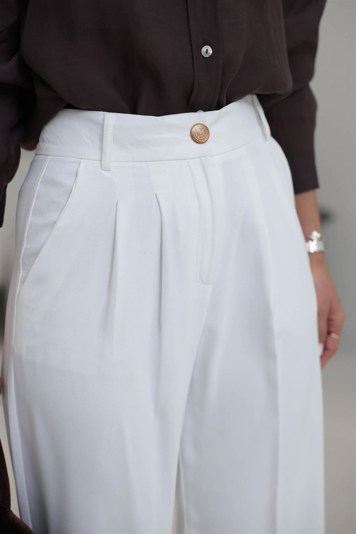 4386S Gold Düğmeli Palazzo Pantolon EKRU