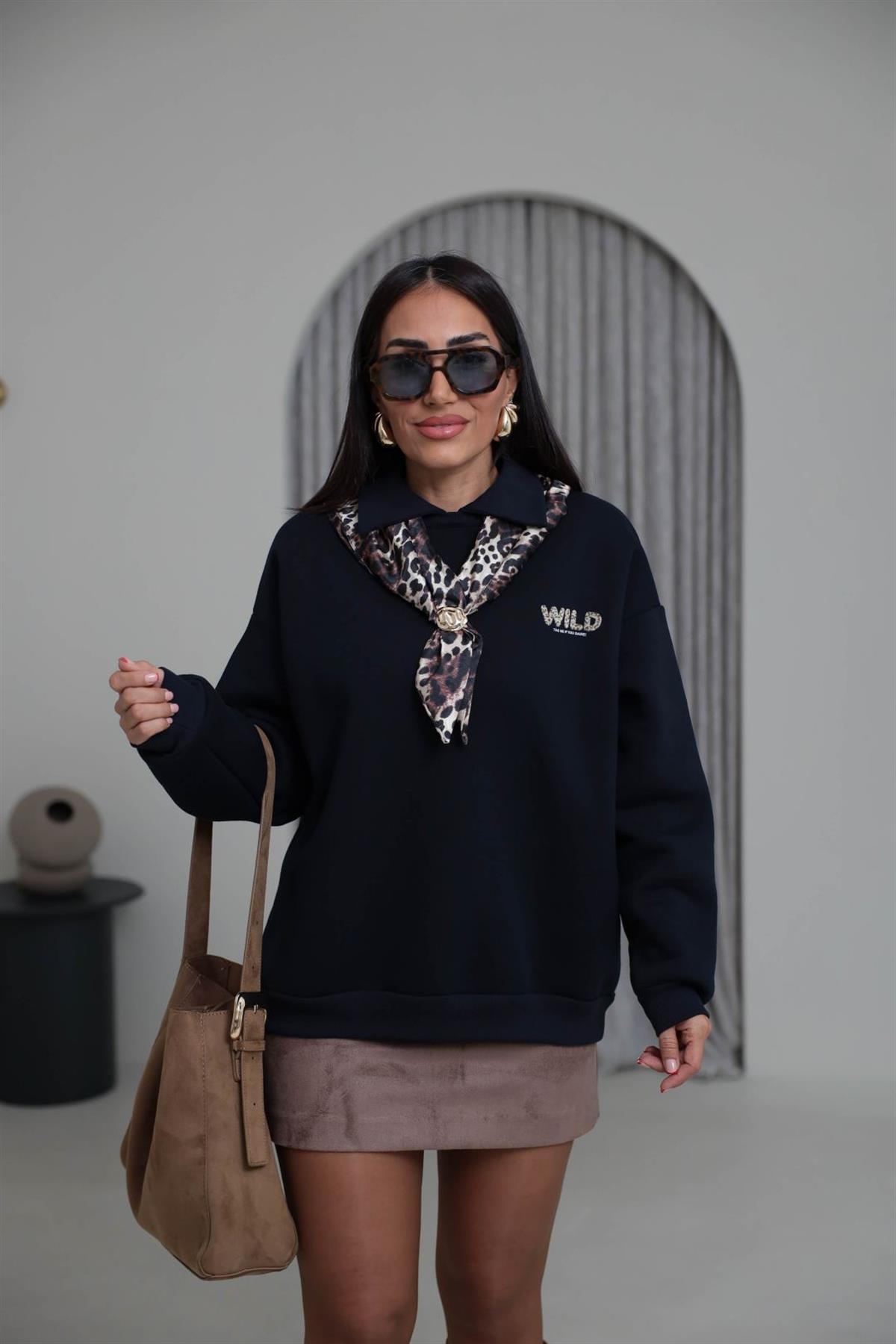 0613 Polo Yaka Fular Detaylı Şardonlu Sweatshirt LACİVERT