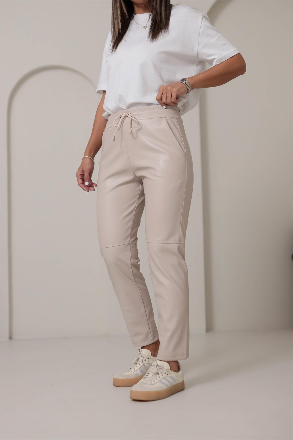 2022 Beli Lastikli Çimalı Deri Pantolon BEJ