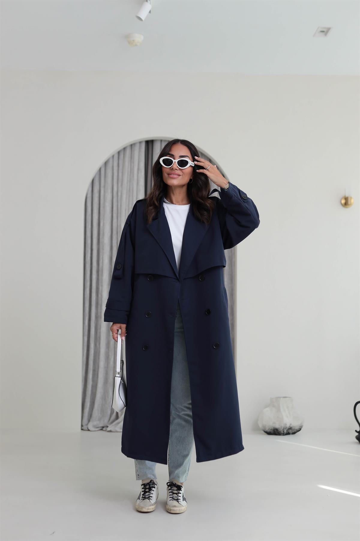 2020 Apoletli Kuşaklı Uzun Trençkot LACİVERT