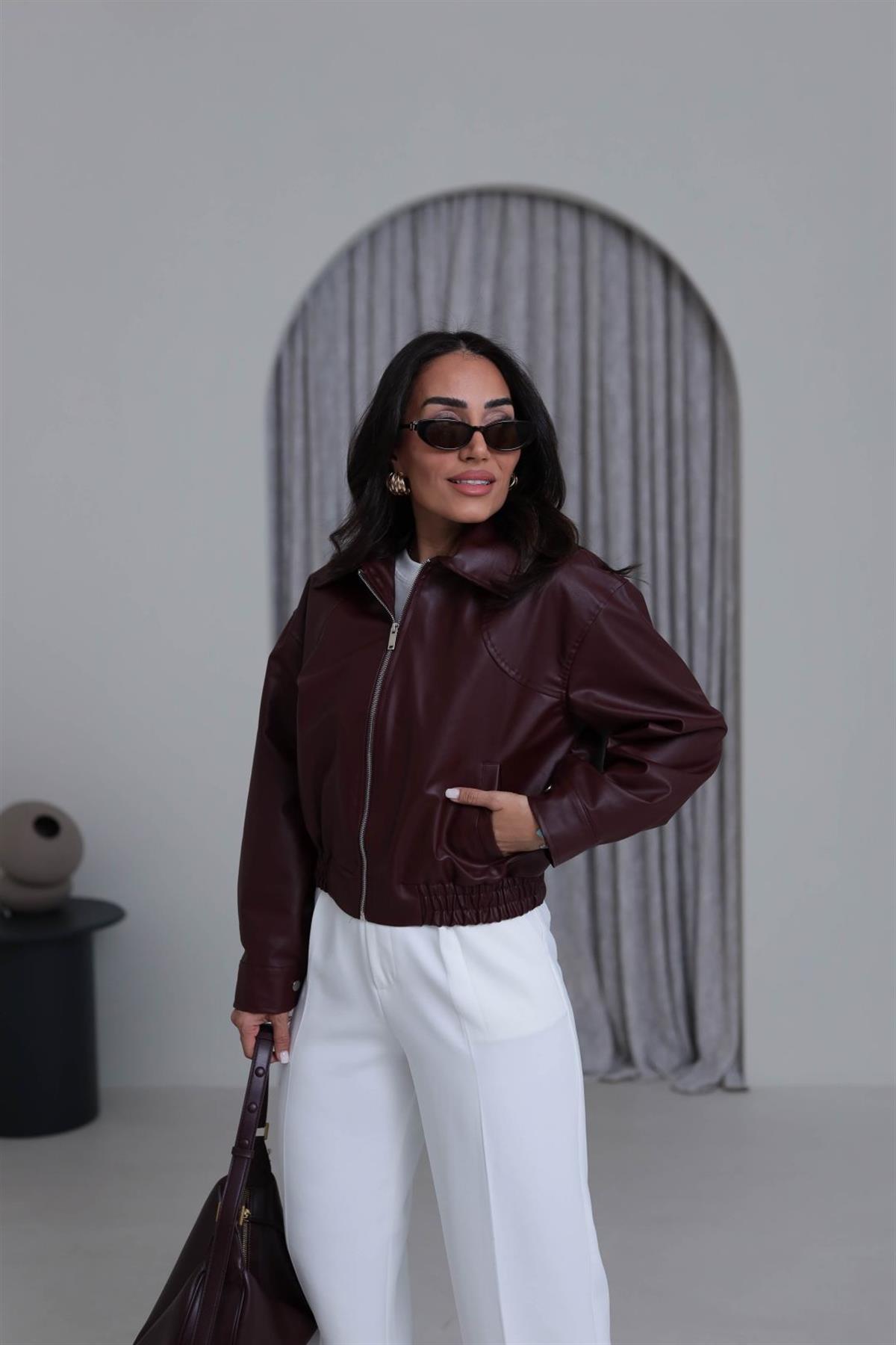 3128 Bel Lastikliı Suni Deri Bomber Ceket BORDO